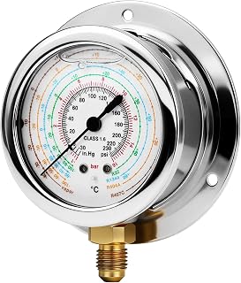 R22 R134a R404A R407C Refrigerant Pressure Gauge, Class 1.6 High Accuracy, Oil-Filled Stainless Steel, 30inHg to 230psi, 1/4 SAE, Automotive AC & Cold Chain Refrigeration Maintenance
