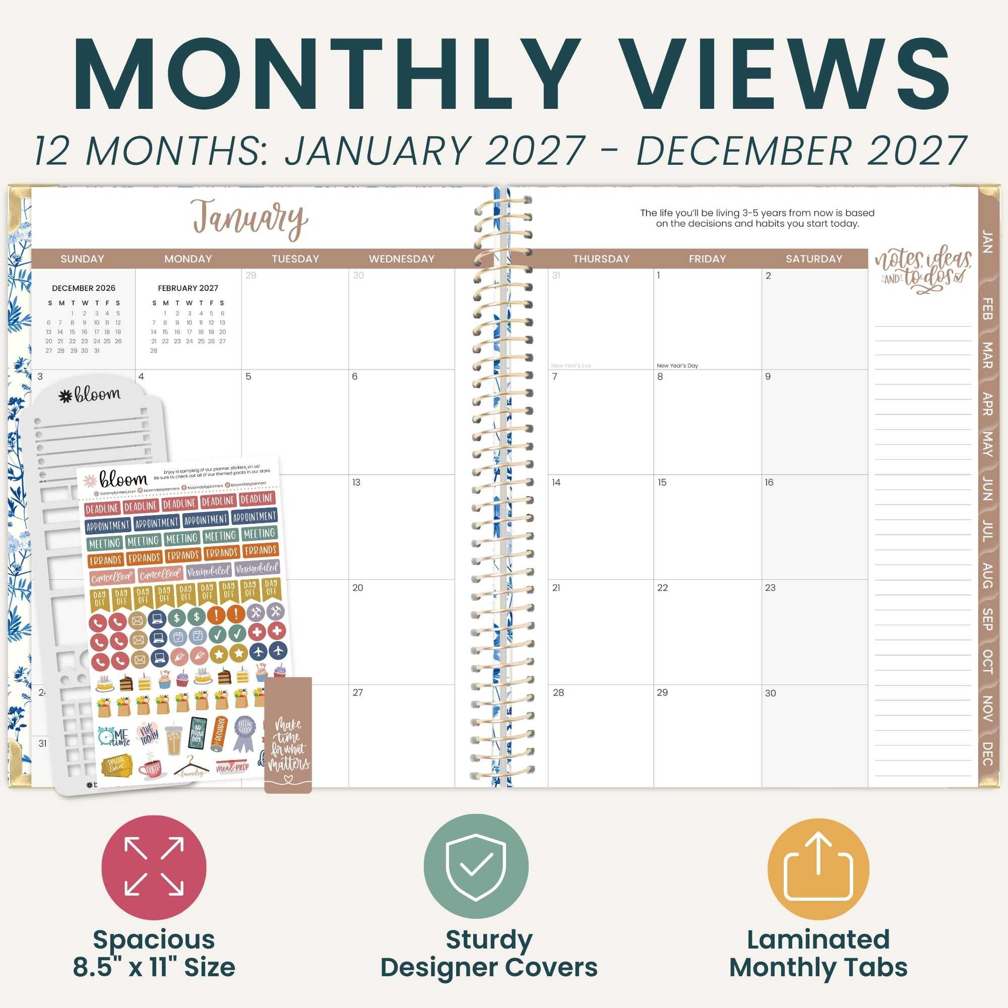 bloom daily planners Agenda de tapa dura 2027 (8.5 x 11 pulgadas) de enero a diciembre de 2027, calendario anual, agenda de tareas para mujeres, agenda inspiradora mensual y semanal, floral azul y