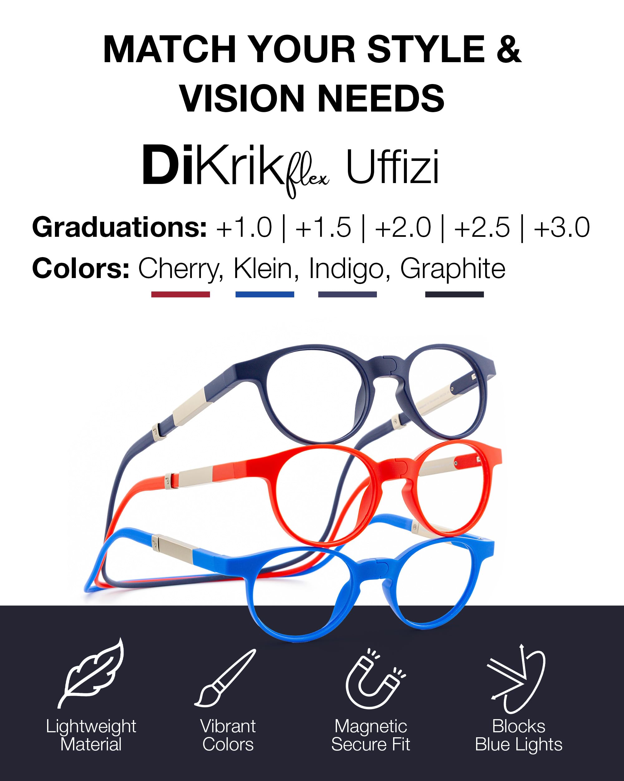 DIDINSKY Lunettes de lecture avec aimant et filtre anti-lumière bleue.Lunettes de lecture magnétiques avec correction visuelle pour hommes et femmes et verres antireflets.4 couleurs et 6 intensités de