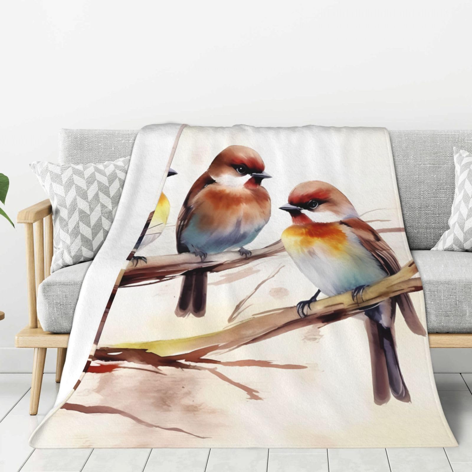 Birds Resting On Tree Branch Throw Blanket Plush Flannel Fleece Blanket, Soft Lightweight Cozy Blankets 50"X40" for Bed Couch Sofa Travel
