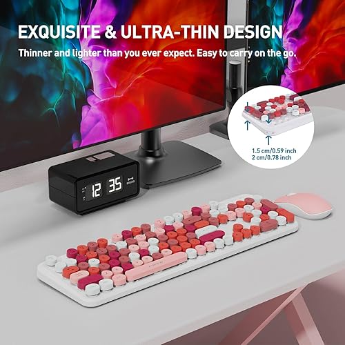 Miniatura 4 de Teclado y mouse inalámbricos, bonito teclado inalámbrico retro con llave redonda, conexión sin abandono de 2.4 GHz, juego de teclado inalámbrico con