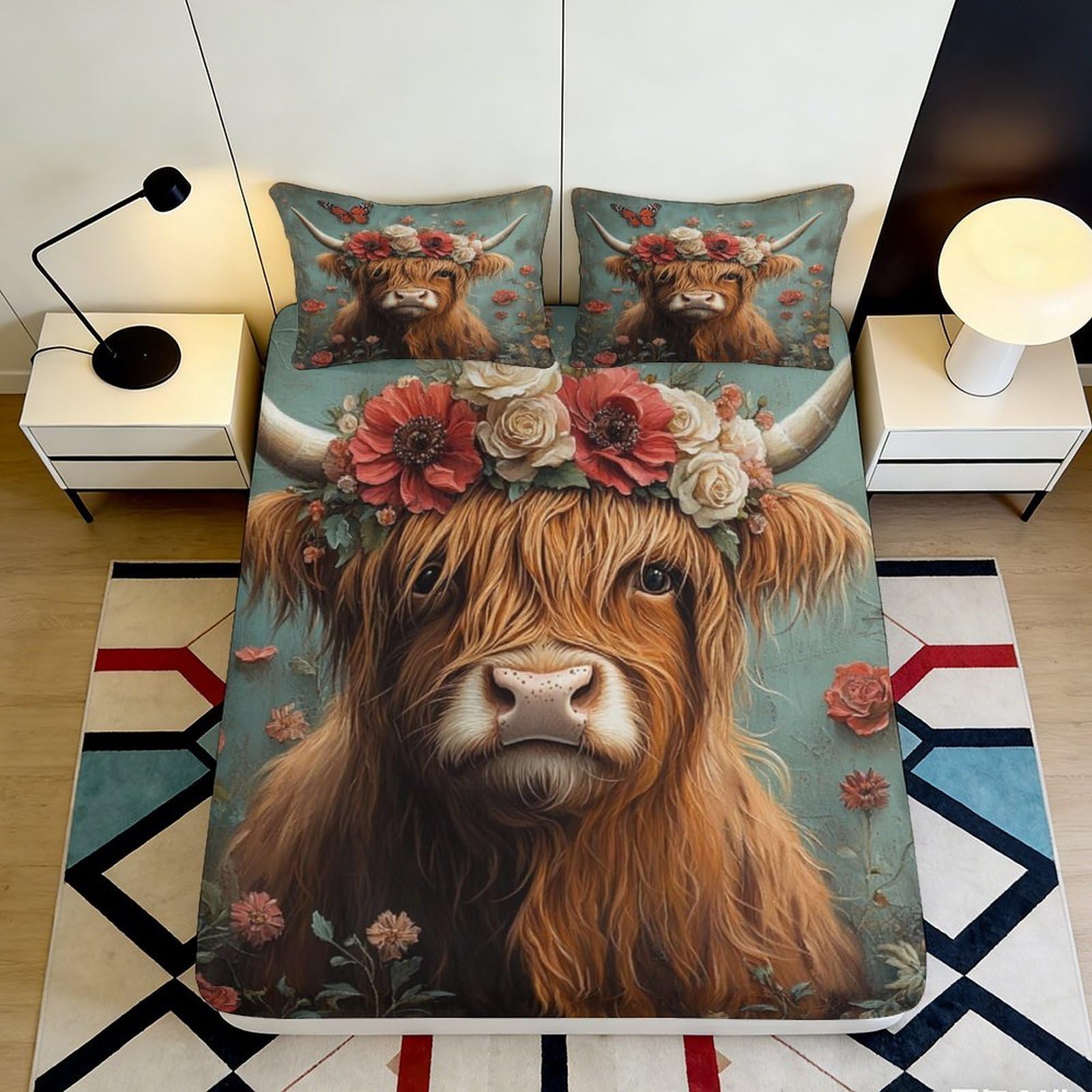 3D Printed Highland Cattle Fitted Sheet Microfiber Soft Breathable Floral Bed Cover for Bedroom Dormitory Guest Room Mattress Protection Decor 90x200x25cm