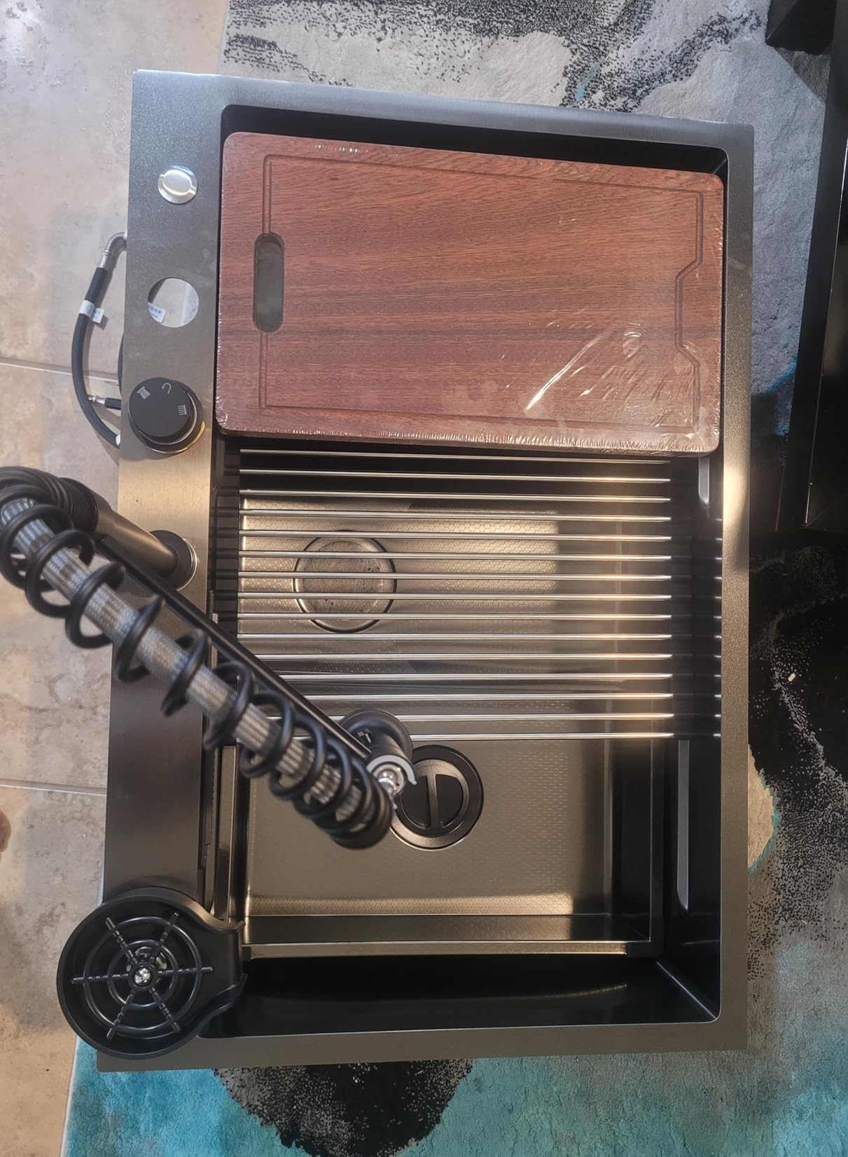 33x22 Inch Kitchen Sink with Waterfall Faucet Combo Nano PVD Black