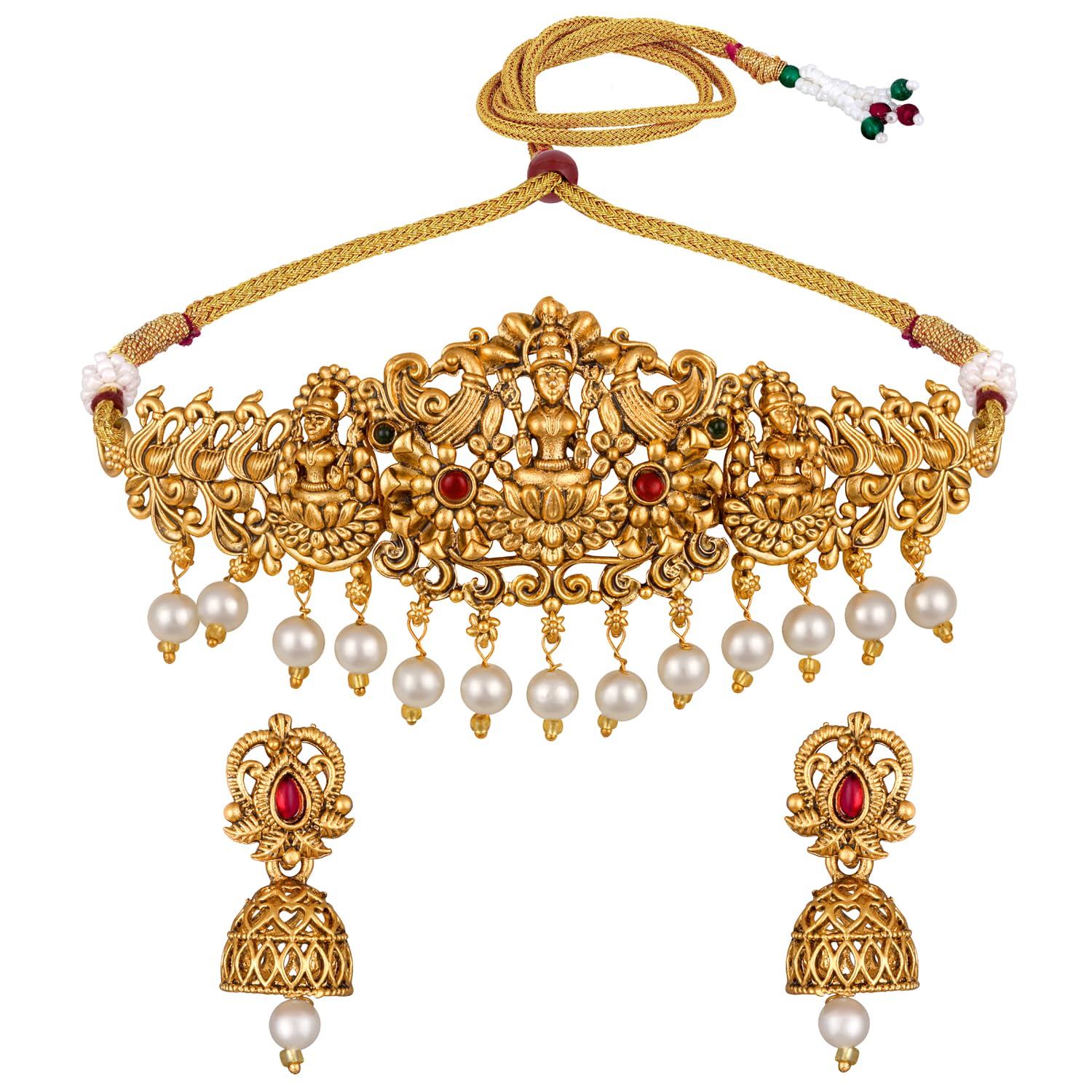 22k gold plated temple necklace set | latest stylish fancy pearl choker traditional jewellery set for women | festive wedding party necklace | just like original gold jewellery