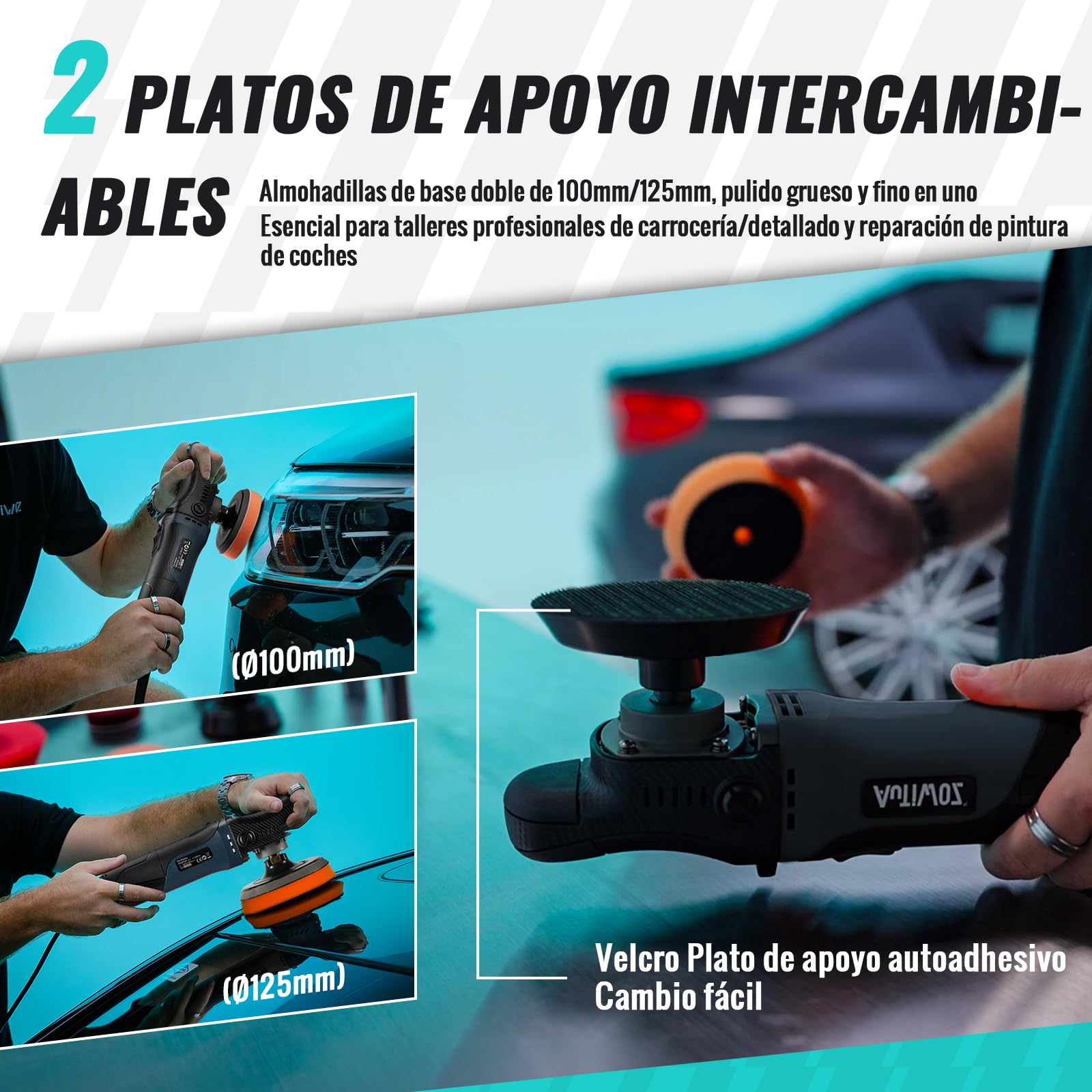 AUTIWOZ Mini Pulidora Automotriz de 630W, 6 Velocidades Variables 2500-4500 rpm, Asa Lateral, Almohadillas/Disco de Lana/Papel Abrasivo de 100mm/125mm, para Pulido de Vehículos