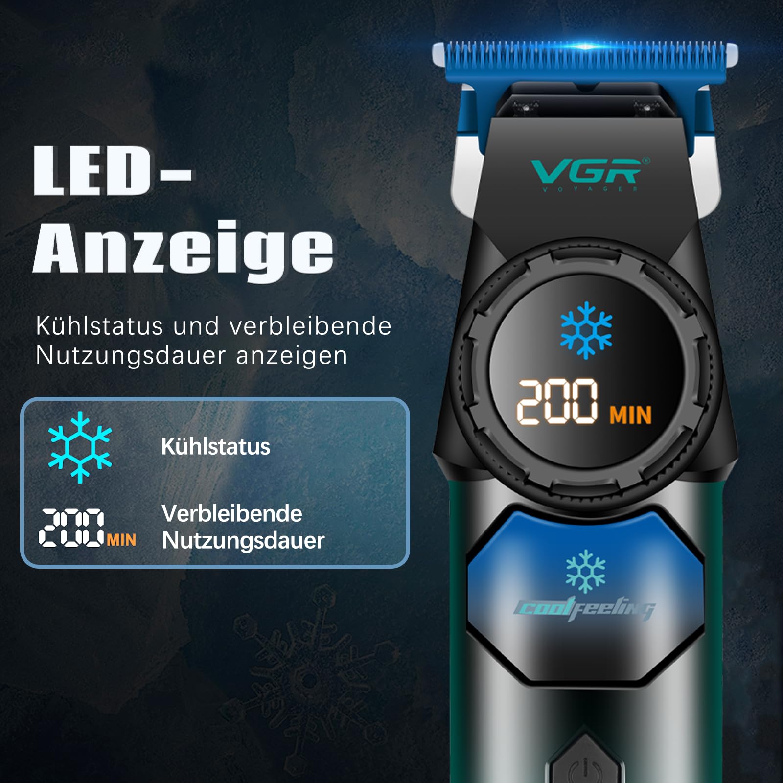 VGR 946 Haarschneidemaschine Profi für Männer, Kabelloser Trimmer Herren | Klinge Aus Blauem Keramikpulvermetallurgisch und Kühlfunktion, Haartrimmer Herren mit 8000 U/Min Motor und LED Display