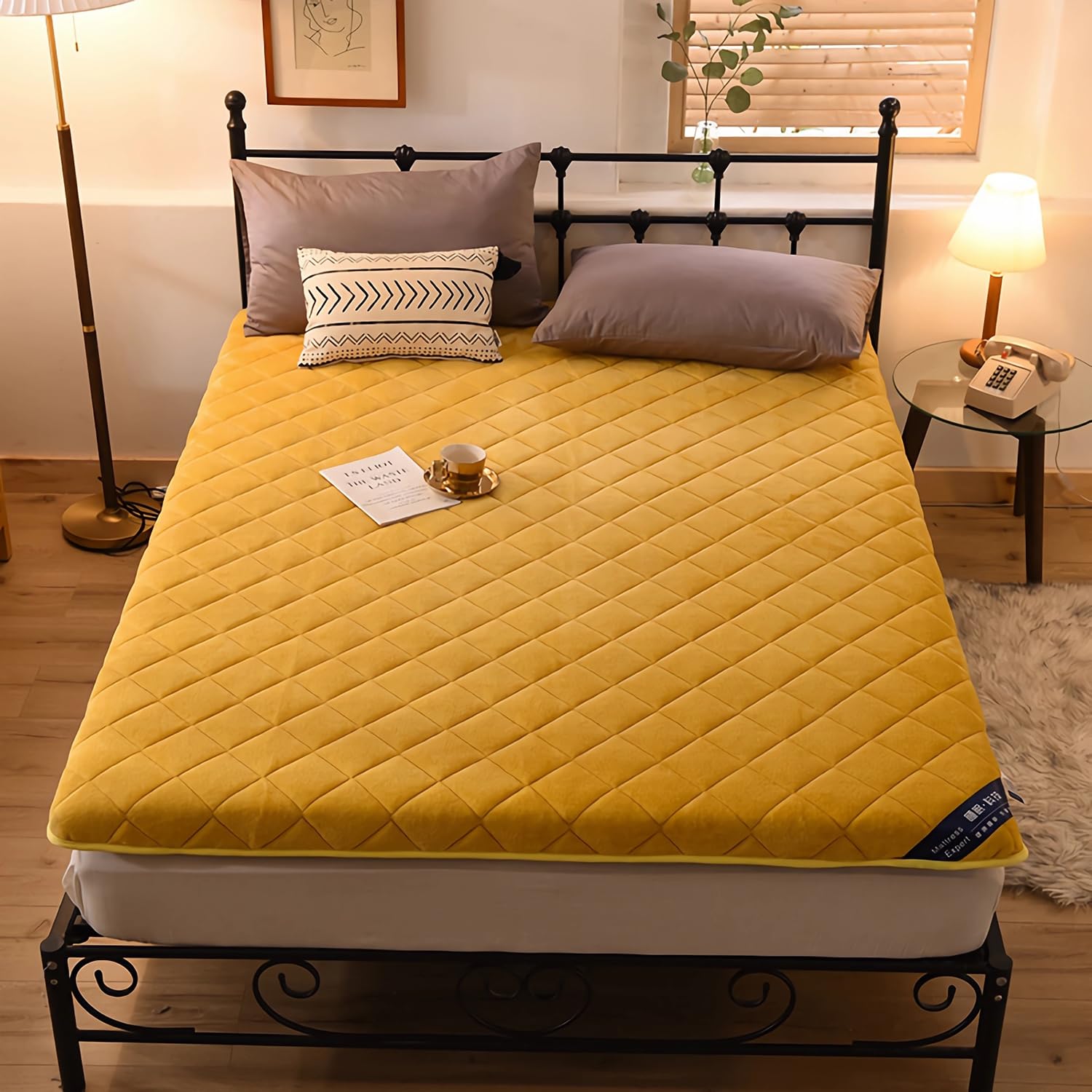 Materasso futon giapponese, coprimaterasso trapuntato, arrotolabile, tappetino per tatami per ospiti, shikibuton, giallo, 90 x 190 cm