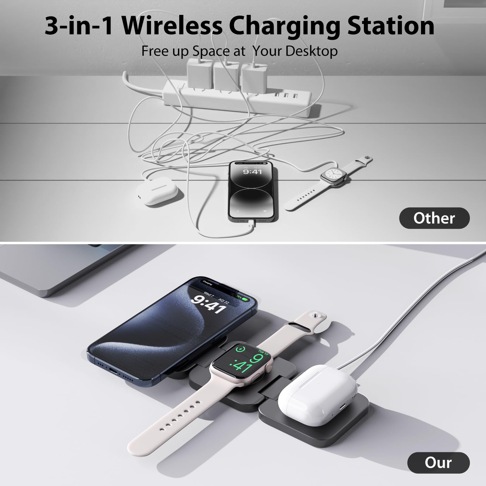 KU XIU X55 15W Magnetisches Ladestation für Magsafe, Faltbar 3-in-1 Ladestation Reise, Ladegerät Ständer für Apple Watch und iPhone 17-12 & AirPods, Mit 30W USB-C Netzteil, Grau