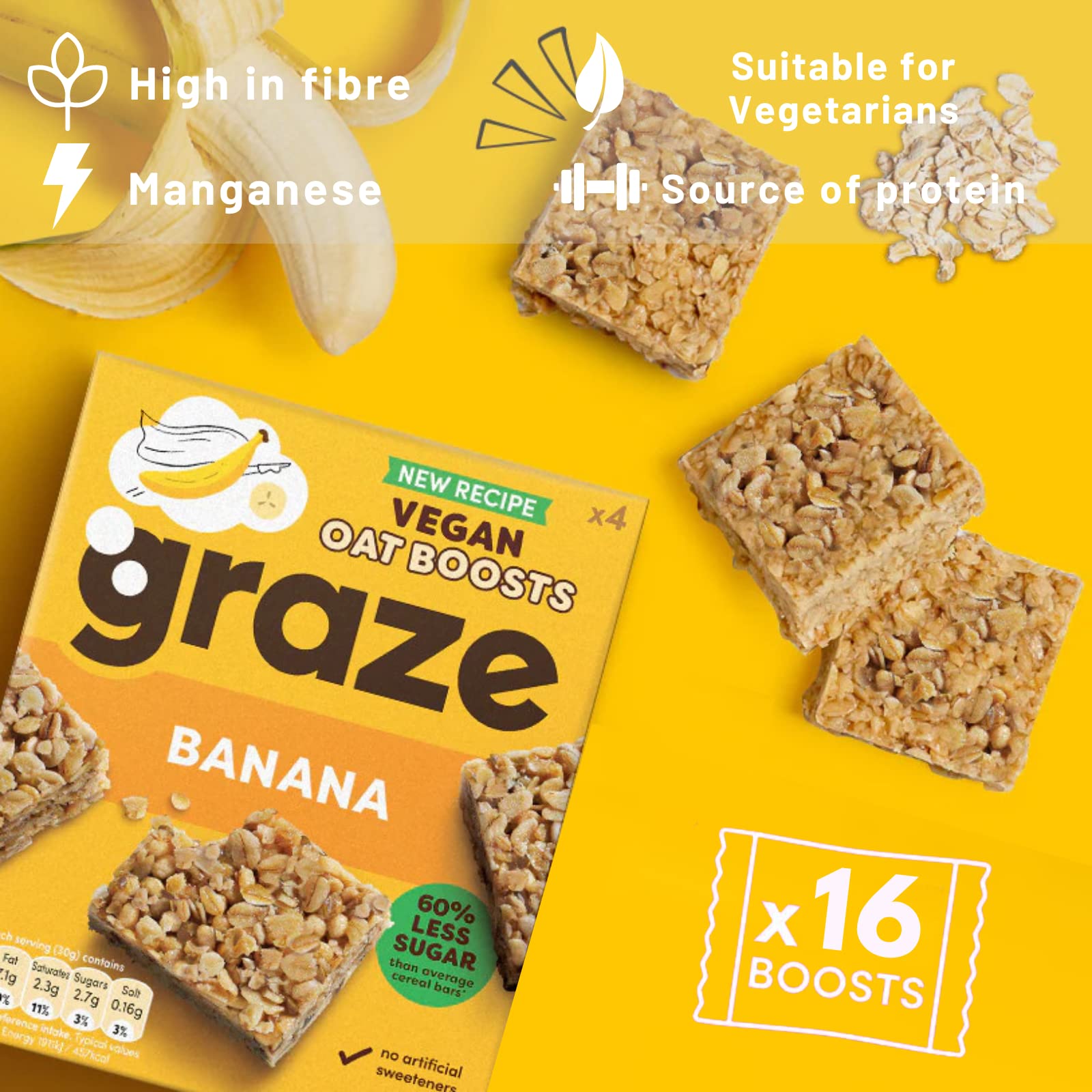 Graze Protein Barres d'avoine – Snacks sains, avoine entière, saveurs naturelles, riche en fibres, moins de sucre (16 collations – 4 paquets de 4 x 30 g)