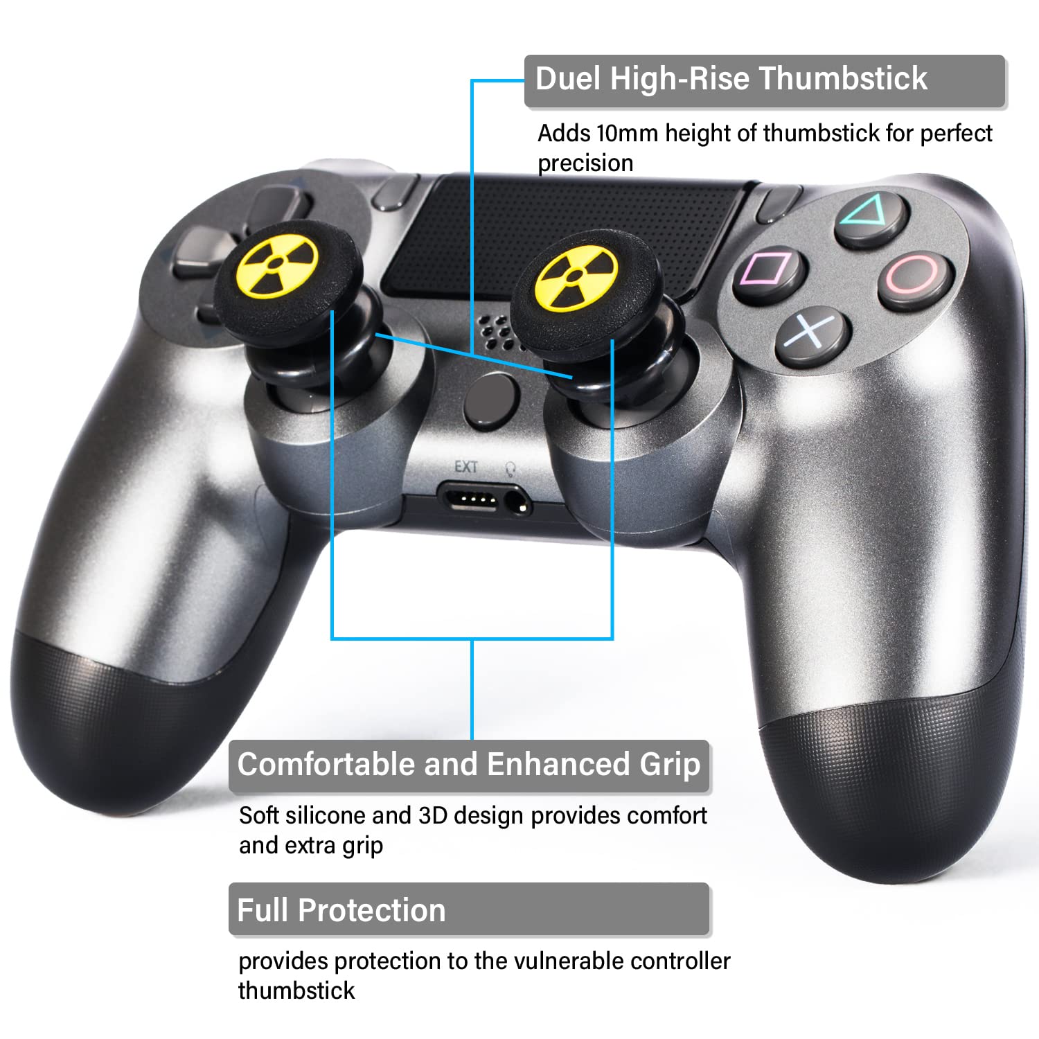 FPS Thumbstick Extender & 3D Texture Rubber Silicone Grip Cover 2 Sets for PS5 Dualsenese & PS4 Controller (Radiation Black) - Image 6