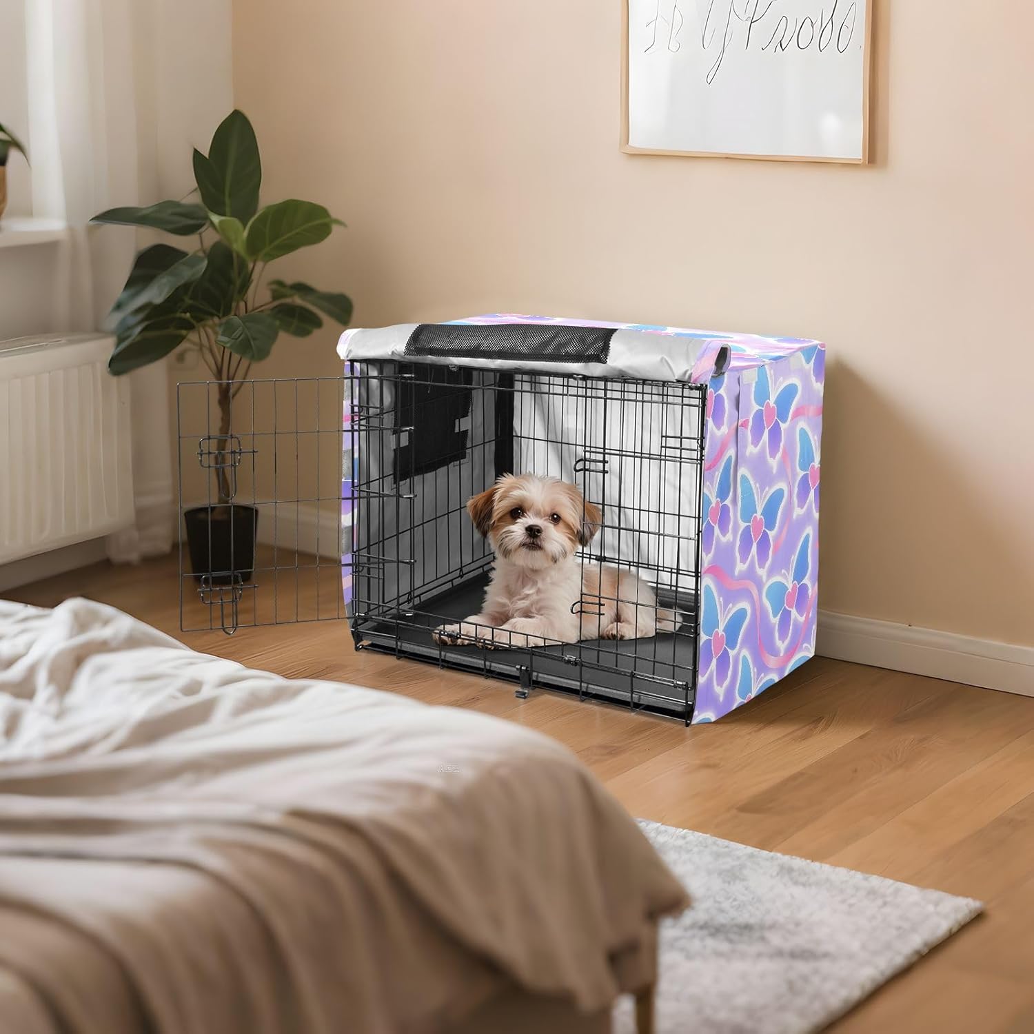 Gradient Butterfly Pattern Dog Crate Cover 600D Oxford Pet Kennel Cover with Mesh Window for Dog Cages, Windproof Waterproof Machine Washable, 42"x28"x30"