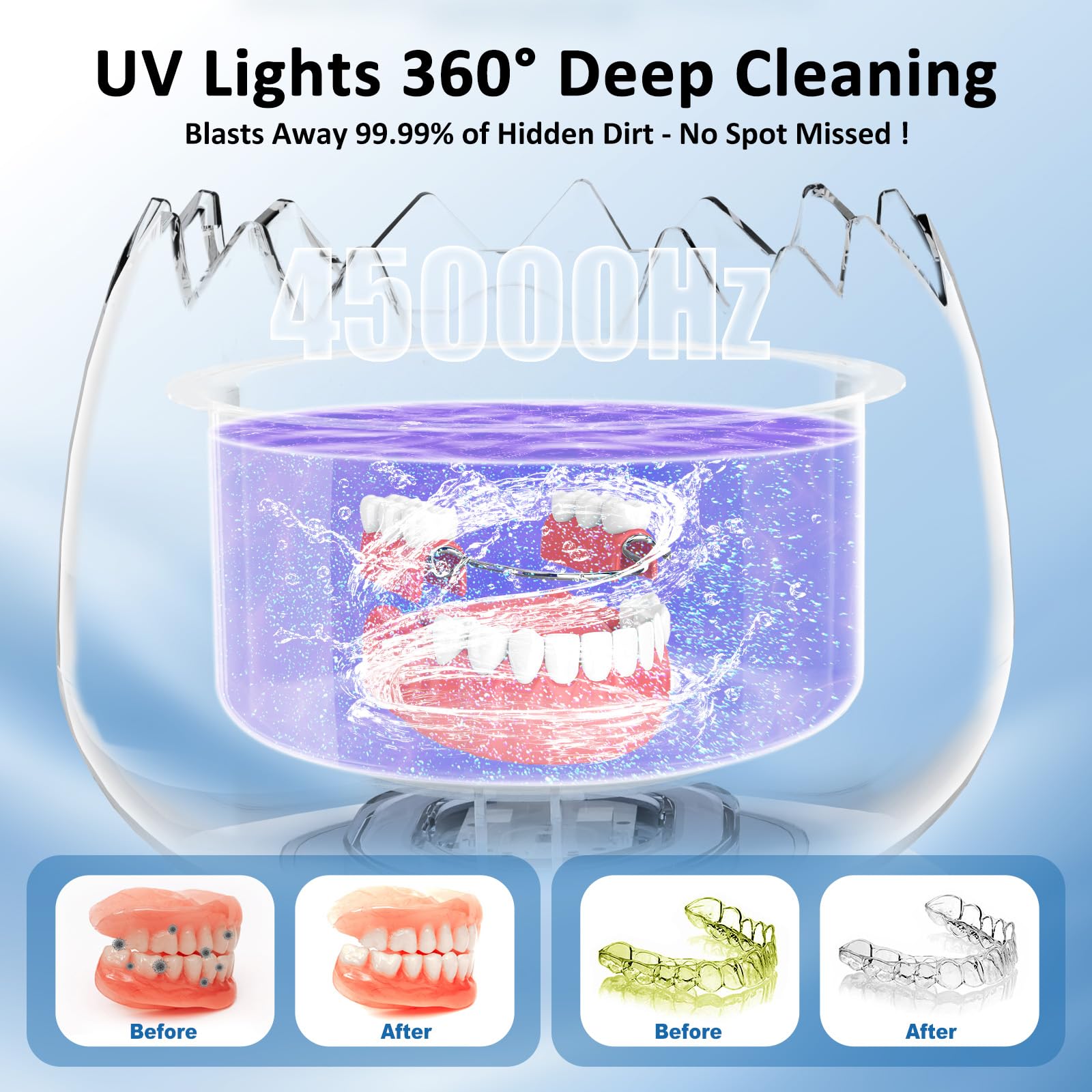 Macchina per la pulizia a ultrasuoni per protesi, capsula di pulizia dentale con timer digitale, 45 kHz/180 ML detergenti per protesi ad ultrasuoni impermeabili per allineatori, paradenti, parentesi