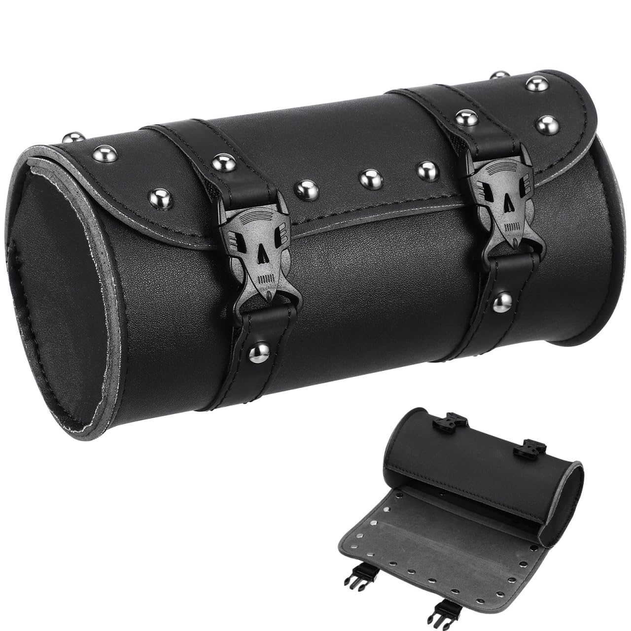 LIOOBO Runde Motorrad Werkzeugrolle aus PU Leder, wasserdichte Satteltasche Universal für Motorrad & Fahrrad, Kleine Werkzeugtasche mit 2 Riemen für Heck, Lenker & Rahmen