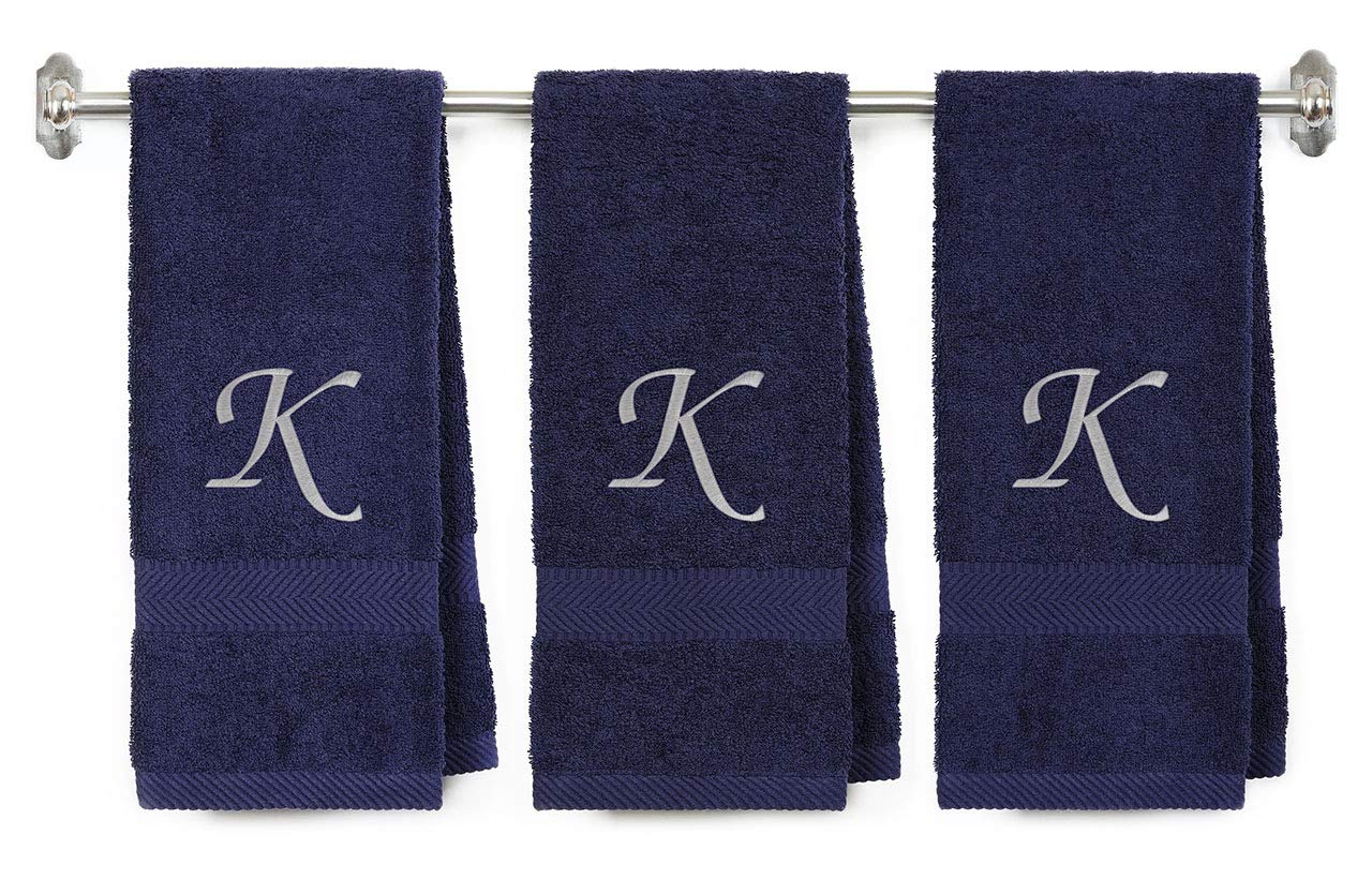 BY LORA Embroidered Monogram Hand Towel 3 Pack, Initial K, Navy Blue