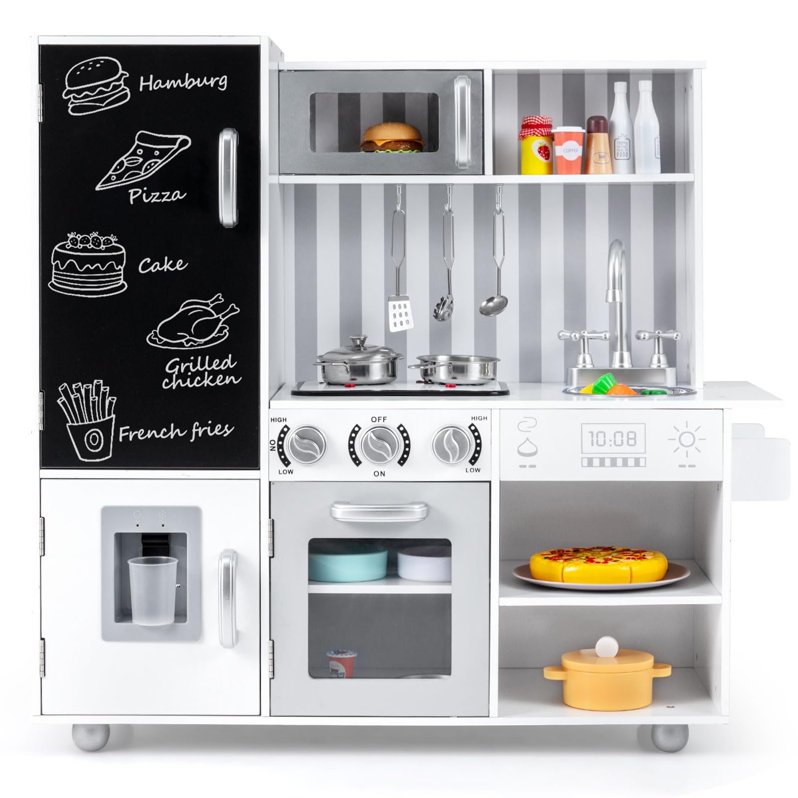 COSTWAY Kids Wooden Kitchen, Large Pretend Play Kitchen with Lights & Sounds, Blackboard, Realistic Oven, Sink, Utensils, Children Cooking Role Playset for Boys Girls (White+Silver)