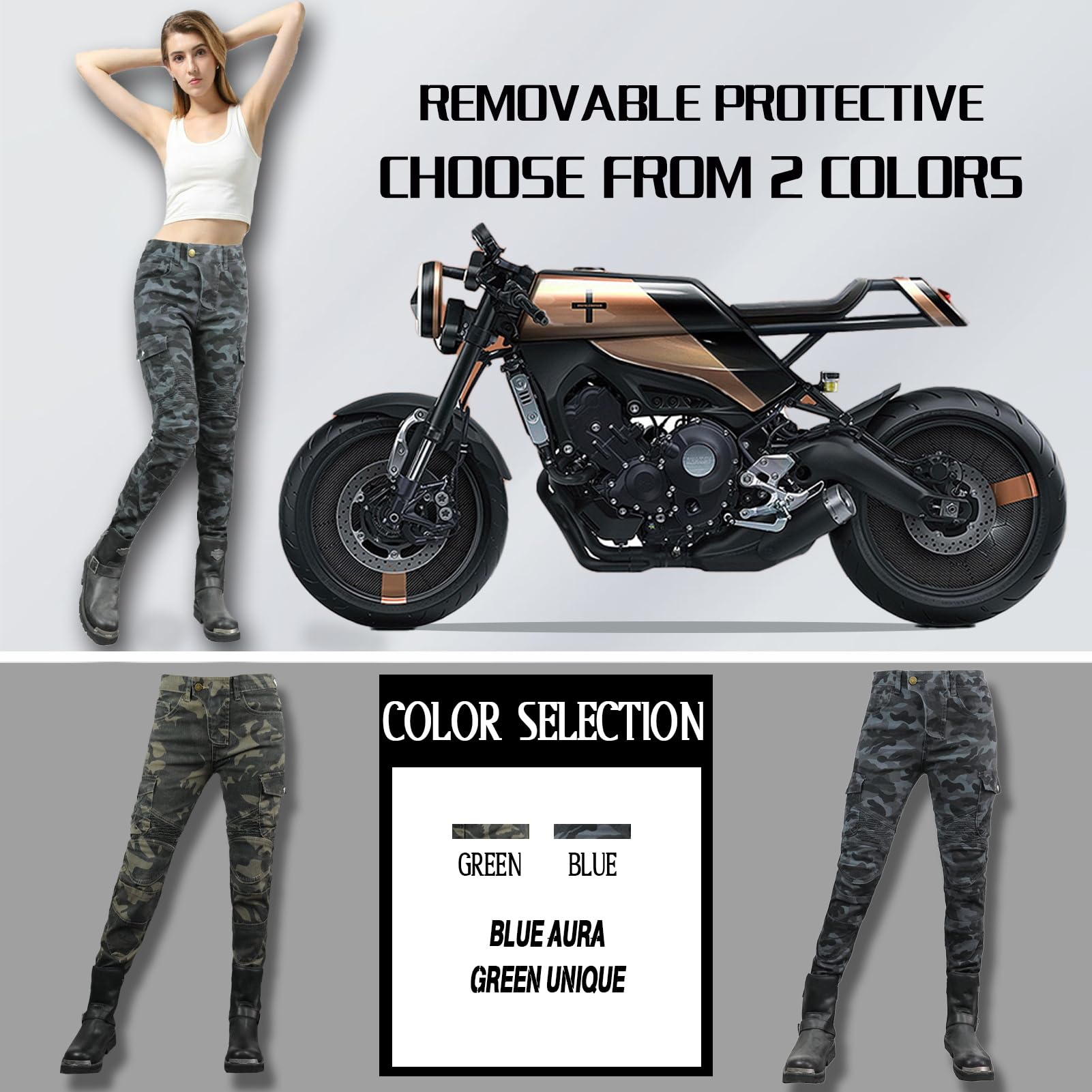 HULG Pantalones De Moto Para Mujer Con Equipo De Protección, Pantalones De Moto De Camuflaje, Pantalones De Moto Elásticos XXS-M (Camouflage-blue,S)