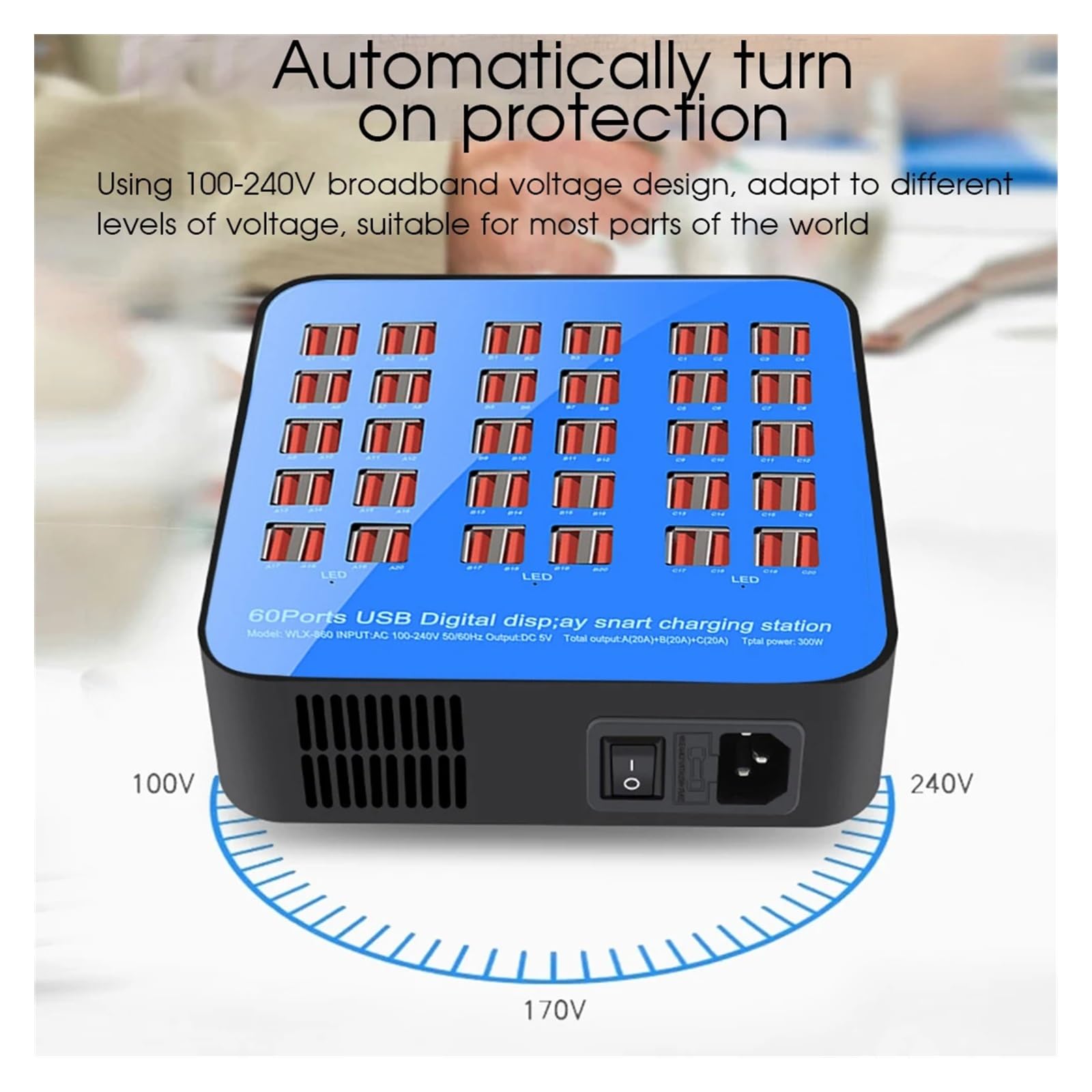 Adattatore for caricabatterie USB da 300 W/200 W/100 W 10/20/40/60 porte HUB multifunzionale stazione di ricarica presa dock Compatibilità universale(60Port 300W Blue)