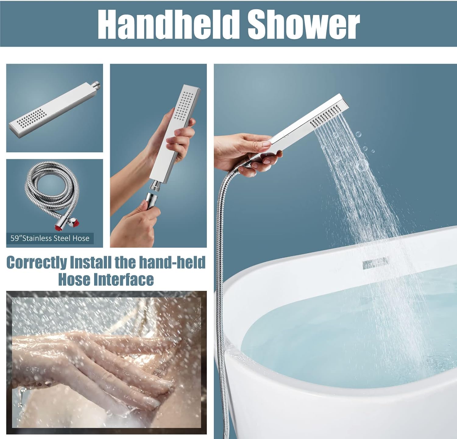 Aolemi Freestanding Bathtub Faucet Floor Mount Tub Filler Single Handle Brass Standing Bathtub Tap with Handheld Spray Swivel Right Angle Waterfall Spout Polish Chrome