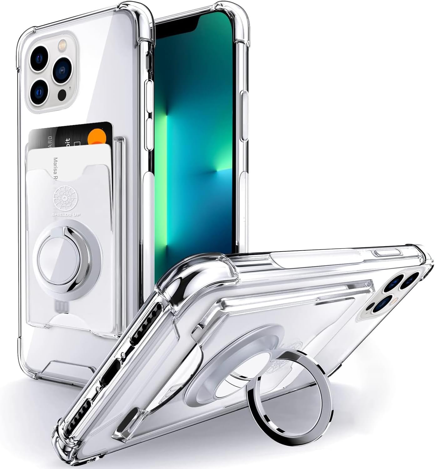 Shields Up Designed for iPhone 13 Pro Case, Minimalist Wallet Case with Card Holder [3 Cards] & Ring Kickstand/Stand, [Drop Protection] Slim Protective Cover for Apple iPhone 13 Pro (6.1 inch), Clear