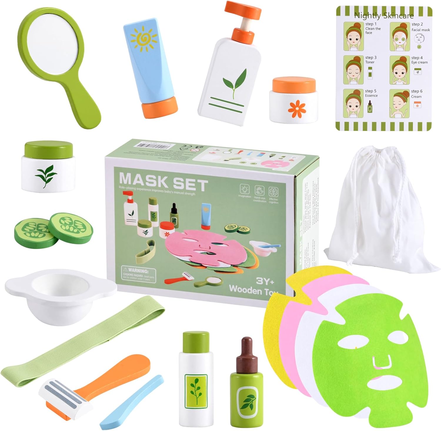 Ehome Wooden Makeup Toy Set for Toddler Wood Learning Toys, Play Spa Set with Face Mask Christmas Birthday Gifts for 3-8 Years Old