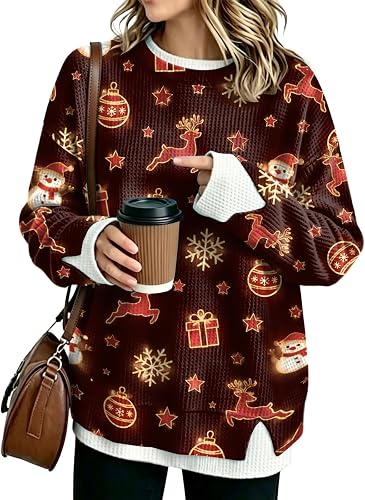 Christmas Tops for Women Snowman Waffle Layered Sweatshirt P