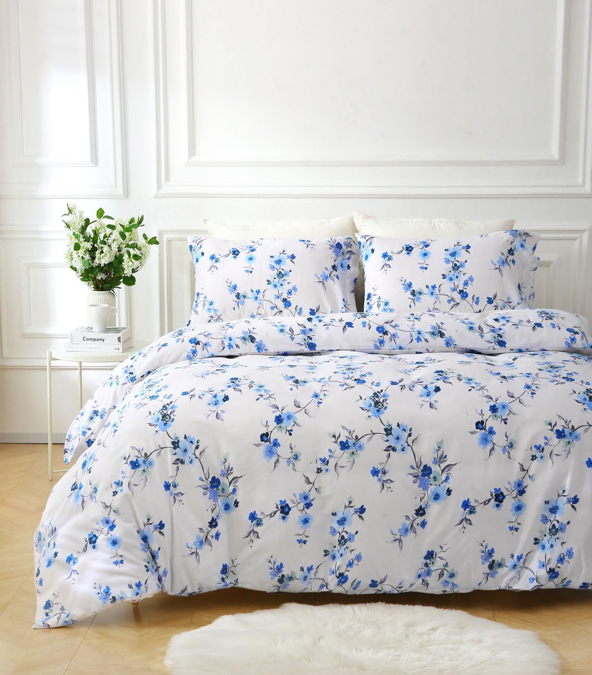 HOMEMAKER BEDDING Duvet Set with Flower Blooms, Quilt Cover Pillow Cases, Spring Summer (Blue/White, Single)