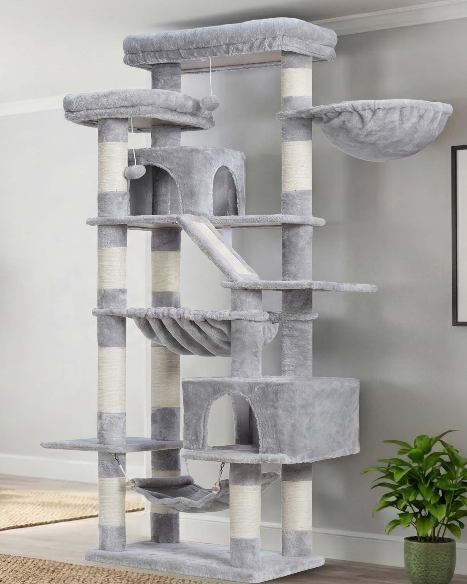 Heybly Cat Tree, 71-Inch-Tall Tower for Indoor Cats with 2 Perches, 2 Big Condos, 2 Hammocks, Basket, Scratching Pad, Large Cat Furniture and Condo, Light Gray HCT034W