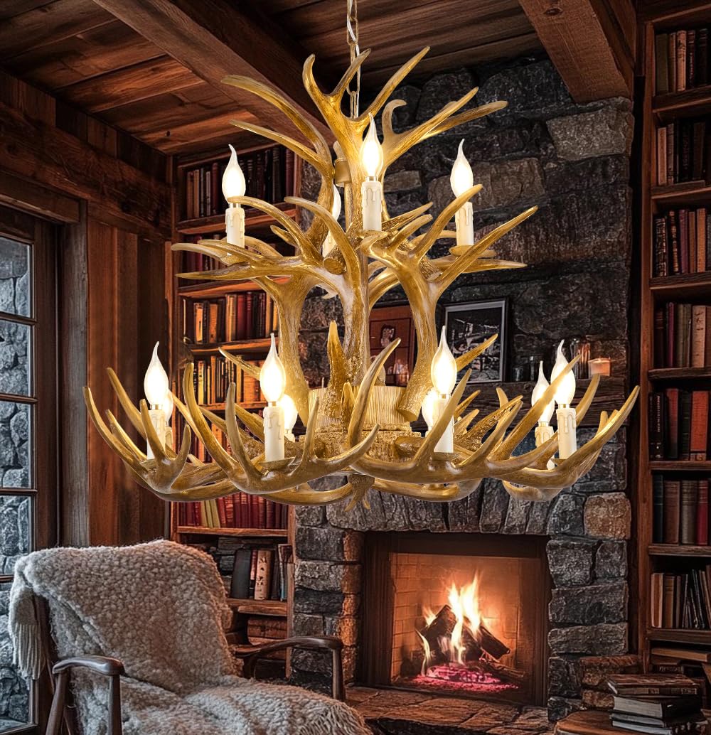 Afficat Farmhouse Antler Chandelier 2-Tier 12 -Light,Brown Antler Chandeliers Lighting Deer Horn Light Fixtures for Dining Room, Kitchen, Living Room,