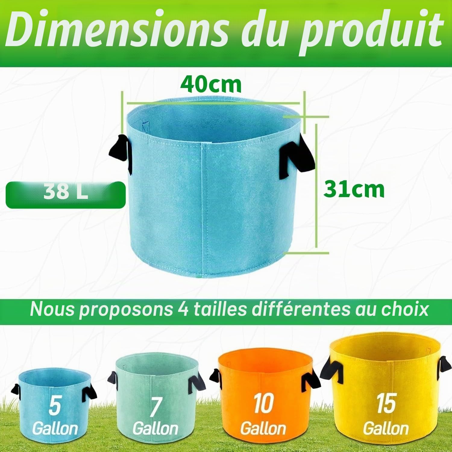 LATERN 7 Pièces 10 Gallons Sacs de Culture pour Plantes, 7 Couleurs Sacs de Culture en Tissu Non Tissé Respirant Épaissis Conteneurs avec Aération des Racines avec Poignée pour Fleurs Légumes Fruits