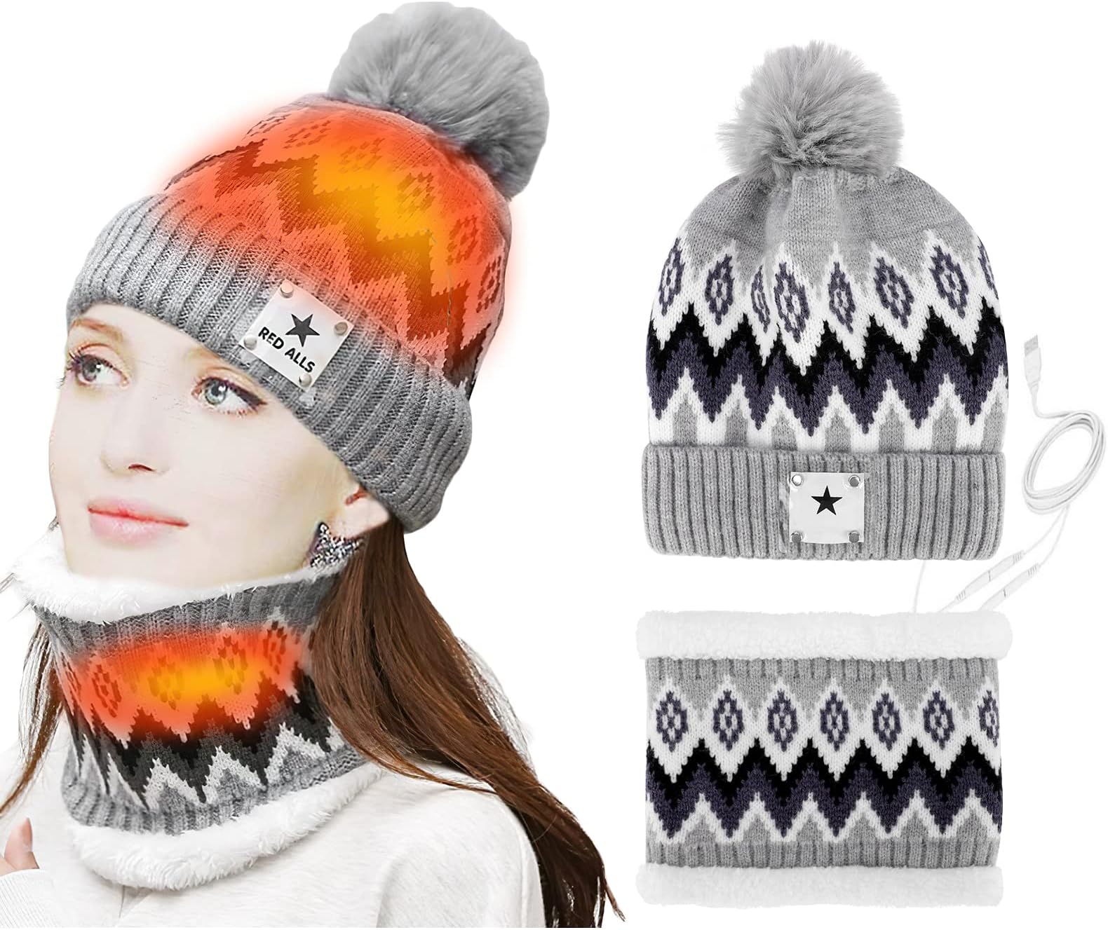 LINGSFIRE Heated Beanie Hat and Neck Warmer Set 2-in-1 Warm Scarf Pom Knit Hat Womens & Mens Winter Hat USB Heated Hat Scarf Set Lined Knit Beanie Cap Thick Ski Beanie for Running Skiing Cycling Grey