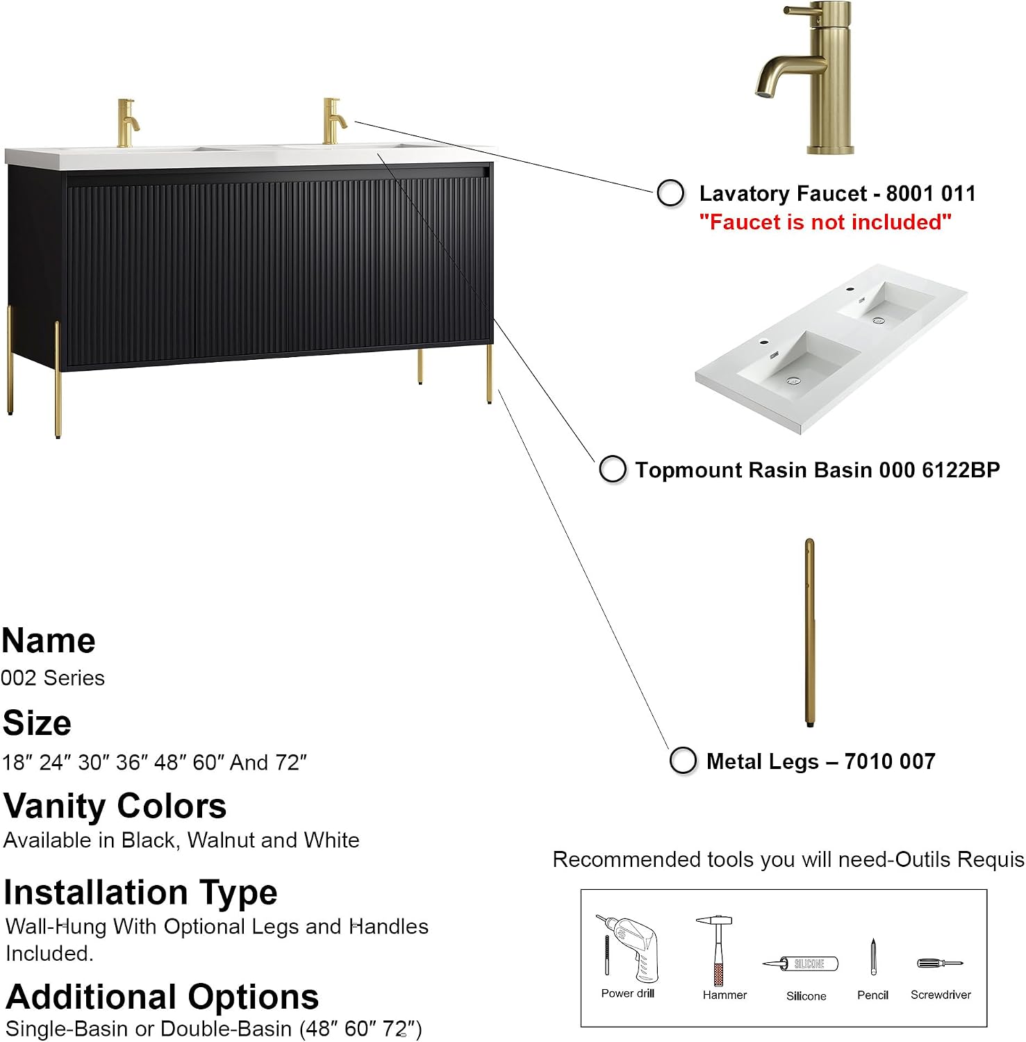 Dowell 60“ Fluted Design Vanity Set – Modern Bathroom Cabinet with Soft-Close Door & Shelf.Charcoal- 0026002V/6122BP