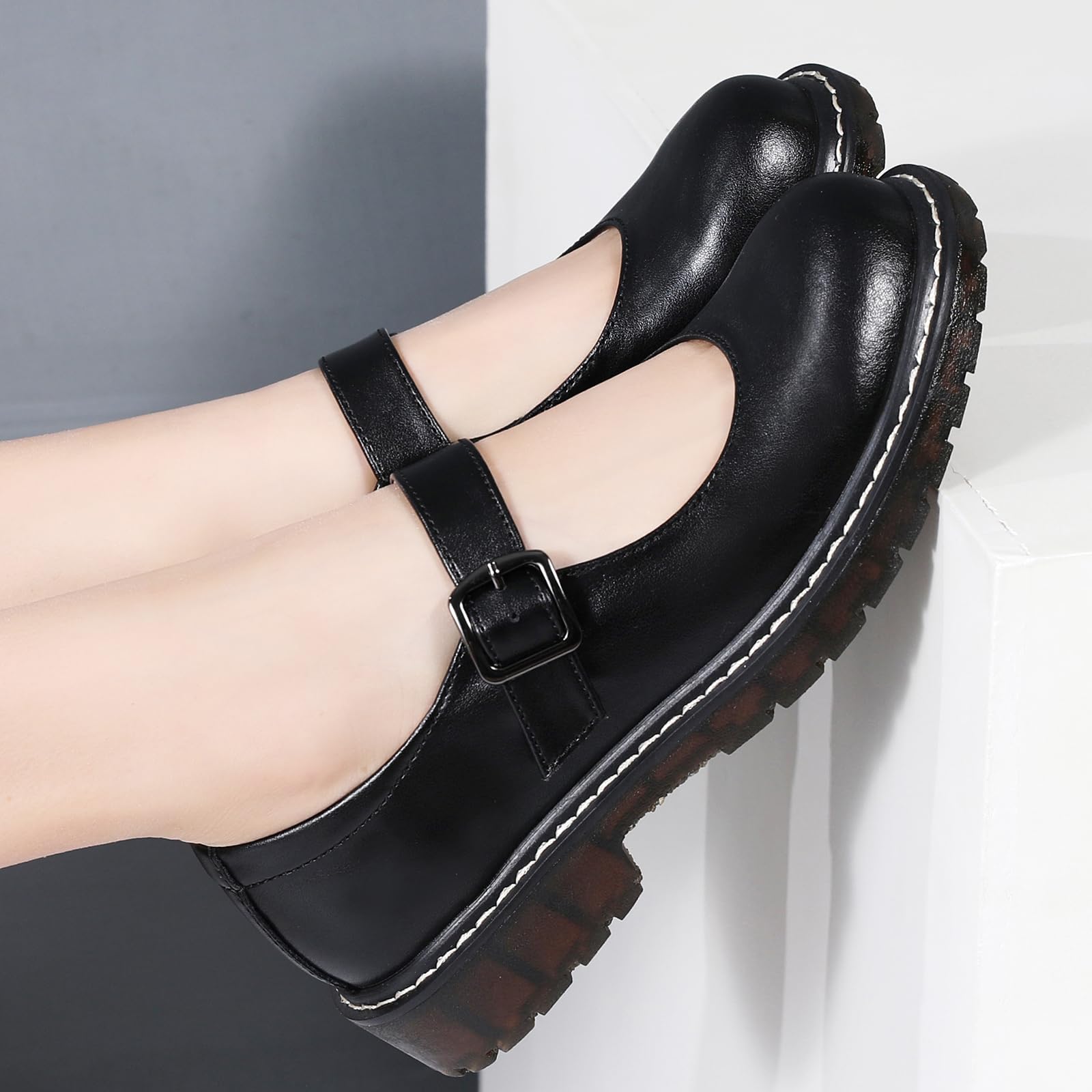 XMM Mary Jane Shoes Women Oxford Shoes Leather Round Toe Flats Non-Slip Ankle Buckle Strap Comfort Casual Dressy Cosplay Party School Work Shoes: 6.5 Black