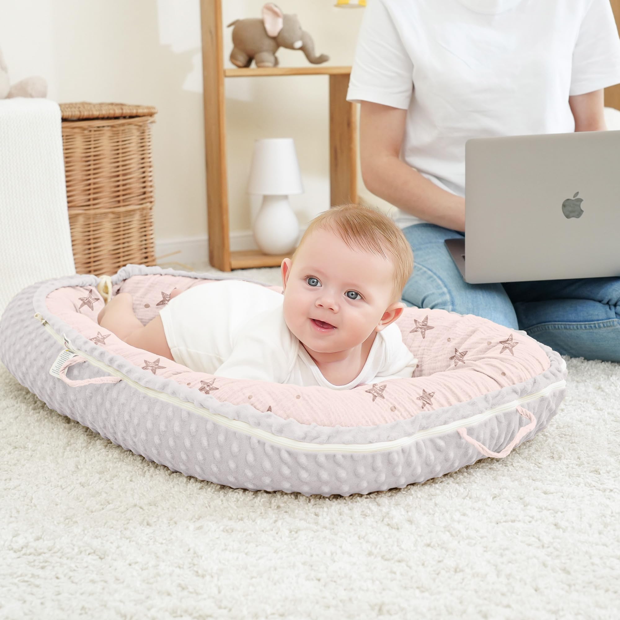 Bearmoss Baby Nido bebé recién Nacido 90x50 cm - Reductor Cuna Cuco de colecho Minky Winter cálido Capullo Ideal para moisés(Estrella Rosa)