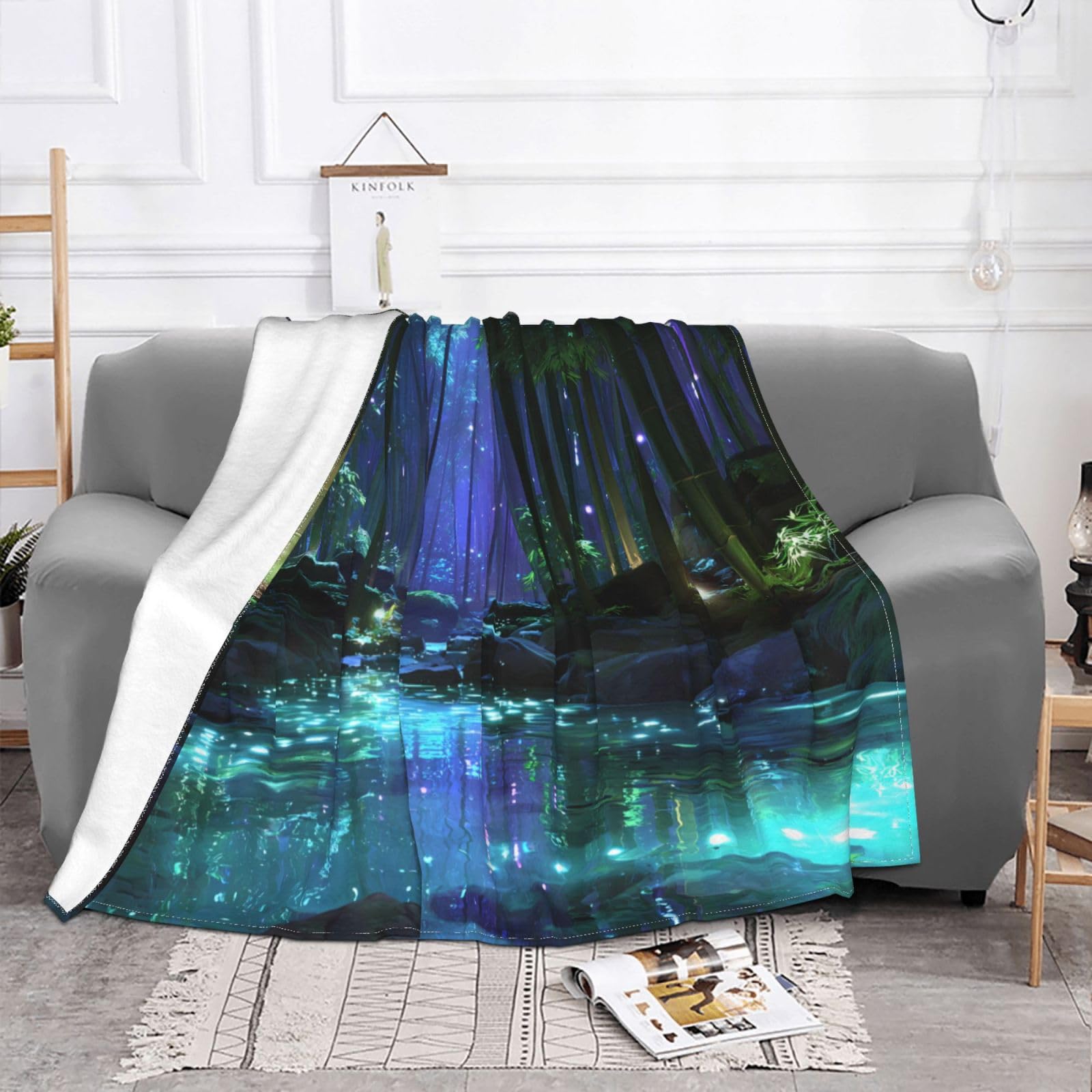Manta de viaje portátil de 80 x 60 pulgadas, suave, resistente a las arrugas, plegable, exquisito estampado de bosque de bambú de ensueño