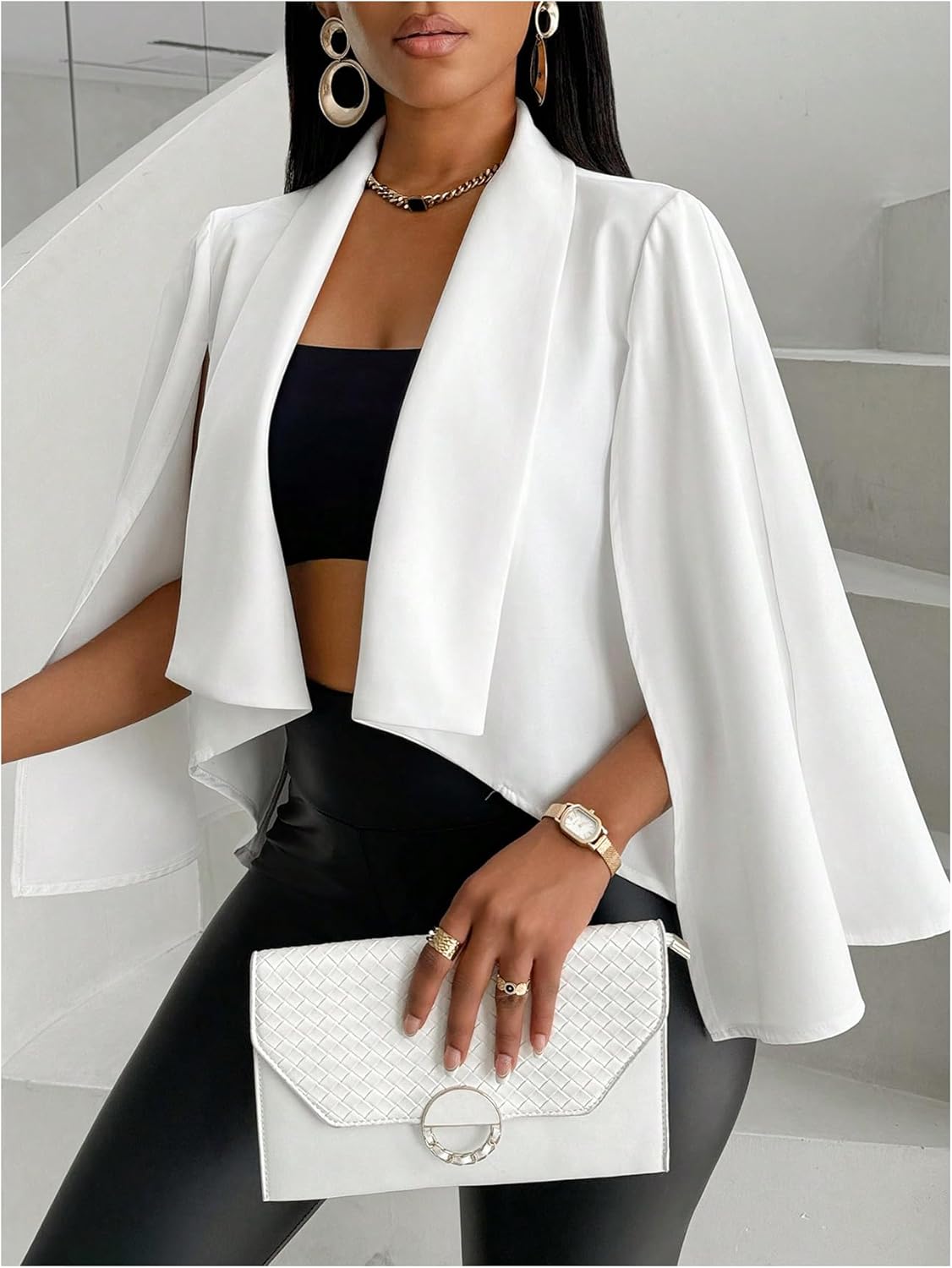 OYOANGLE Women's Cape Long Sleeve Cropped Blazer Jacket Open Front Solid Elegant Trendy Cardigan Coats - Image 4