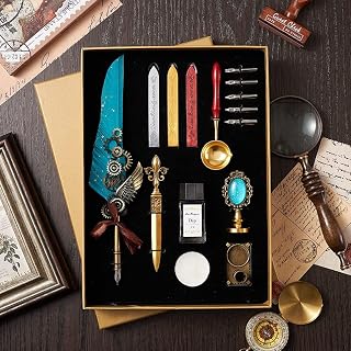icyant Quill Pen Set, Calligraphy Pen Set Antique Feather Pen Ink Set Feather Fountain Pen Set with Wax Seal Sticks kit Stationery Gifts for Handwriting Lovers Birthday Christmas Valentines Day
