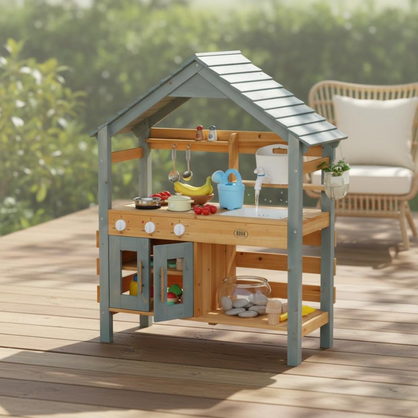 Cucina Giocattolo per Bambini Cucina Giocattolo Cucina in Legno Cucina Finta Banco Gioco con Lavello Appendini Scomparti Effetti per Attività Creative Allaperto in Giardino Cortile