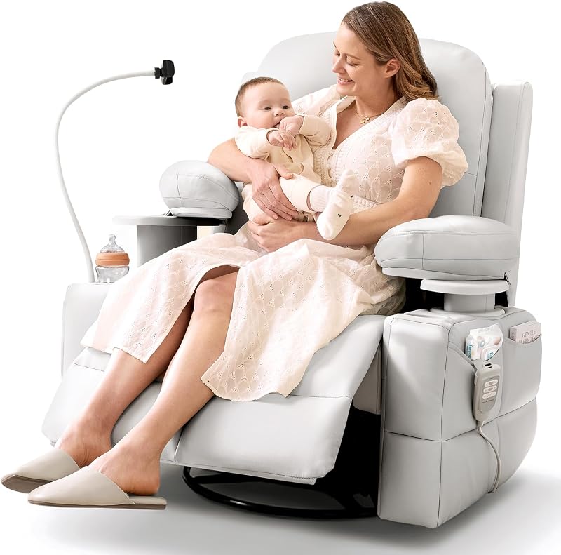 Lullapod Power Nursery Rocking Chair with HugAssist Armrest | Triple Motor Power Nursing Recliner with 270° Swivel Glider & Quiet Rocking, Dual Charging Ports & Built-In Storage
