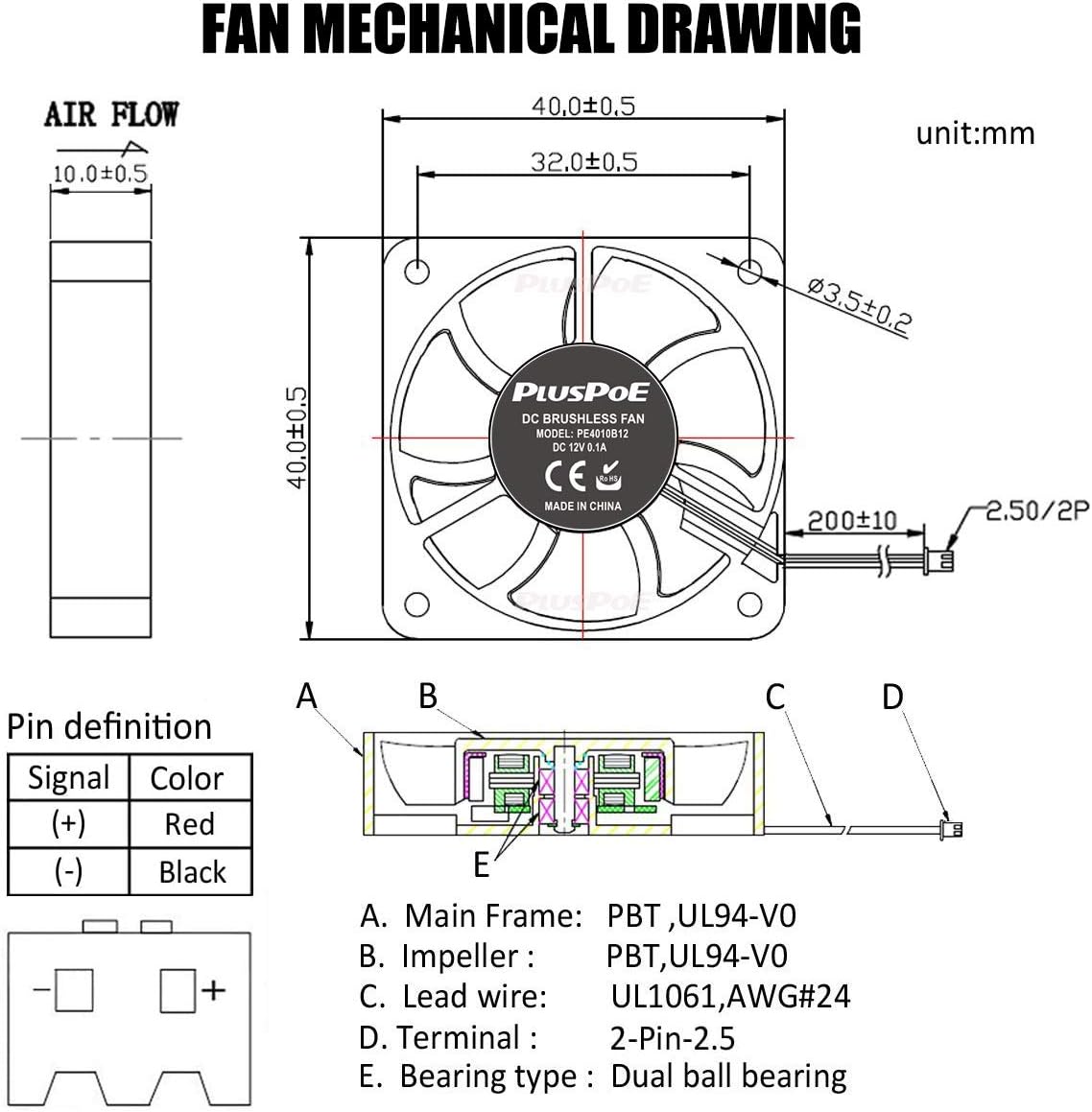 Detailed mechanical drawing of the fan with dimensions