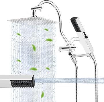 Hibbent All Metal cUPC Certified Shower Head, 10 High Pressure Rainfall Shower Head, Showerhead Combo, Handheld Shower Wand, 12 Adjustable Extension Arm, 4-Spray, 71 Hose, Shower Holder, Chrome