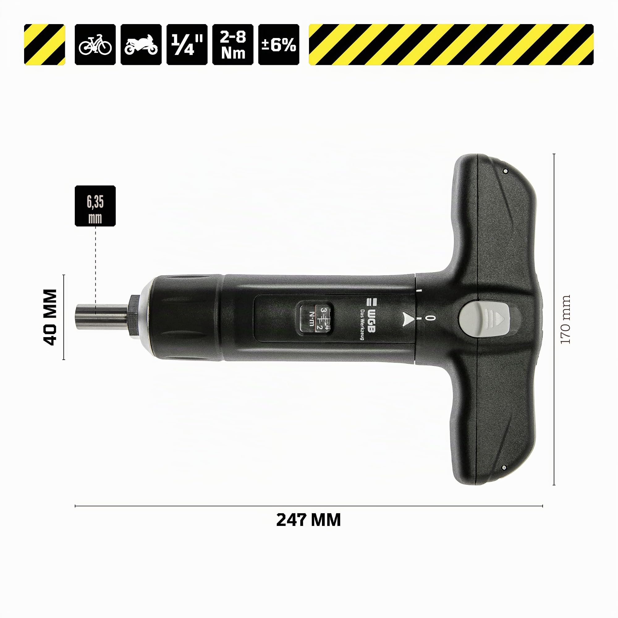 WGB Das Werkzeug Tournevis dynamométrique avec 12 embouts dans poignée en T pour vélo | Clé dynamométrique 1/4" avec cruciforme, fente et jeu d'embouts TX
