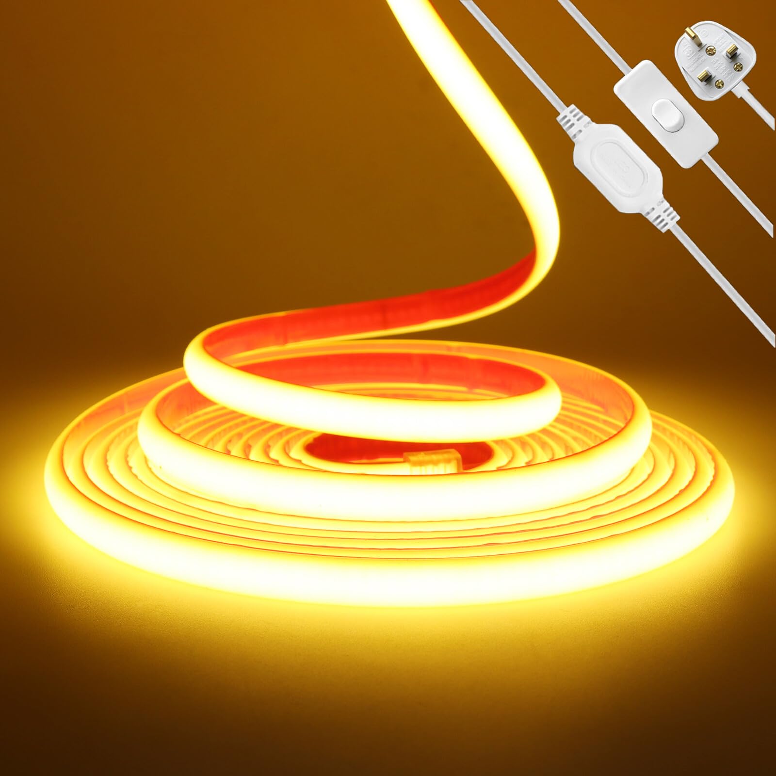 KAFULA 220V COB LED neon Strip with on/Off [1m, Warm White 3000-3500K], 288 LEDs/m IP67 Waterproof Flexible Silicone FCOB LED Rope Light CRI90+, can be Cut Every 50CM, Home Decoration