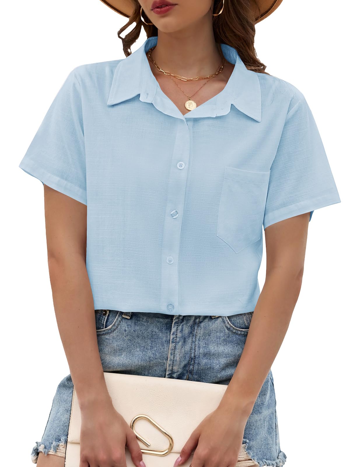 PASUDA Camicia Donna Estiva Blusa Elegante Manica Corta Cotone Lino Camicetta da Donna Maglia Estive Maglietta Casual Scollo a V con Bottoni T Shirt Tinta Unita Classico Tops