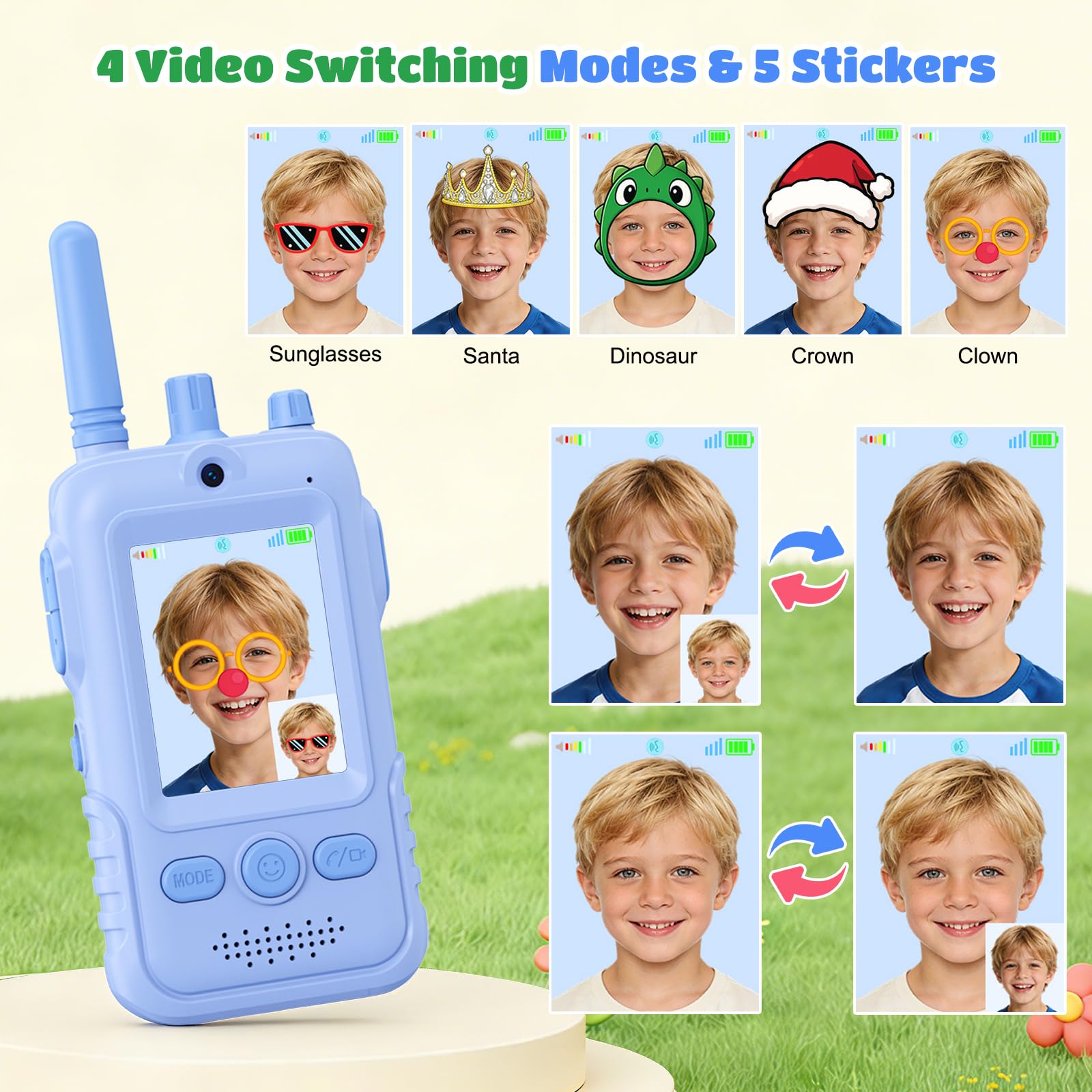 Video Walkie Talkie Kinder, 2er Set Walky Talky Kinder Aufladbar mit Kamera, Funkgerät Kinder mit Gürtelclip & Taschenlampe, Geschenkideen Jungen Geschenk für 3 4 5 6 7 8 Jahre