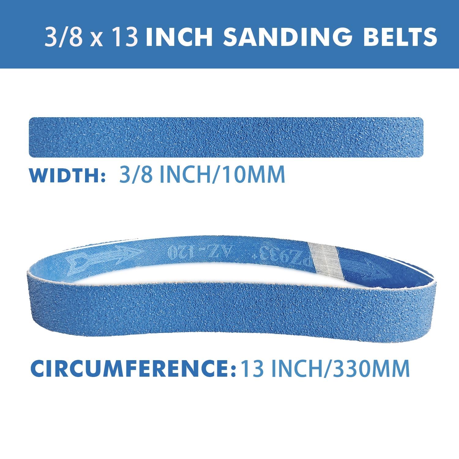 3/8" x 13" Zirconia Sanding Belts, 36Pcs 6 Each of 60/80/100/120/180/240 Assorted Grits Belt Sander Paper, 3/8 x 13 Abrasive Sanding Belts for Belt Sander, Metal Polishing, Derusting, Woodworking