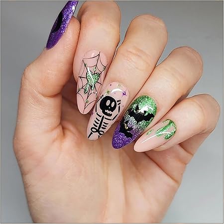 Purple Green Glitter Nails
