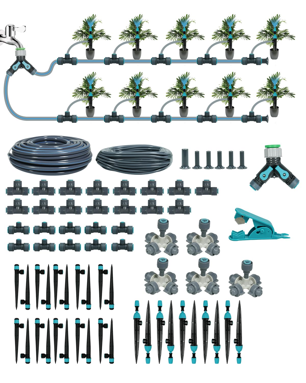 Ferrisland Drip Irrigation Kit System, 131.2FT Automatic Garden Watering System with 1/2 1/4 Inch Irrigation Tubing, Emitters and 2-Way Quick Connector, Plant Watering System for Potted Plants Garden