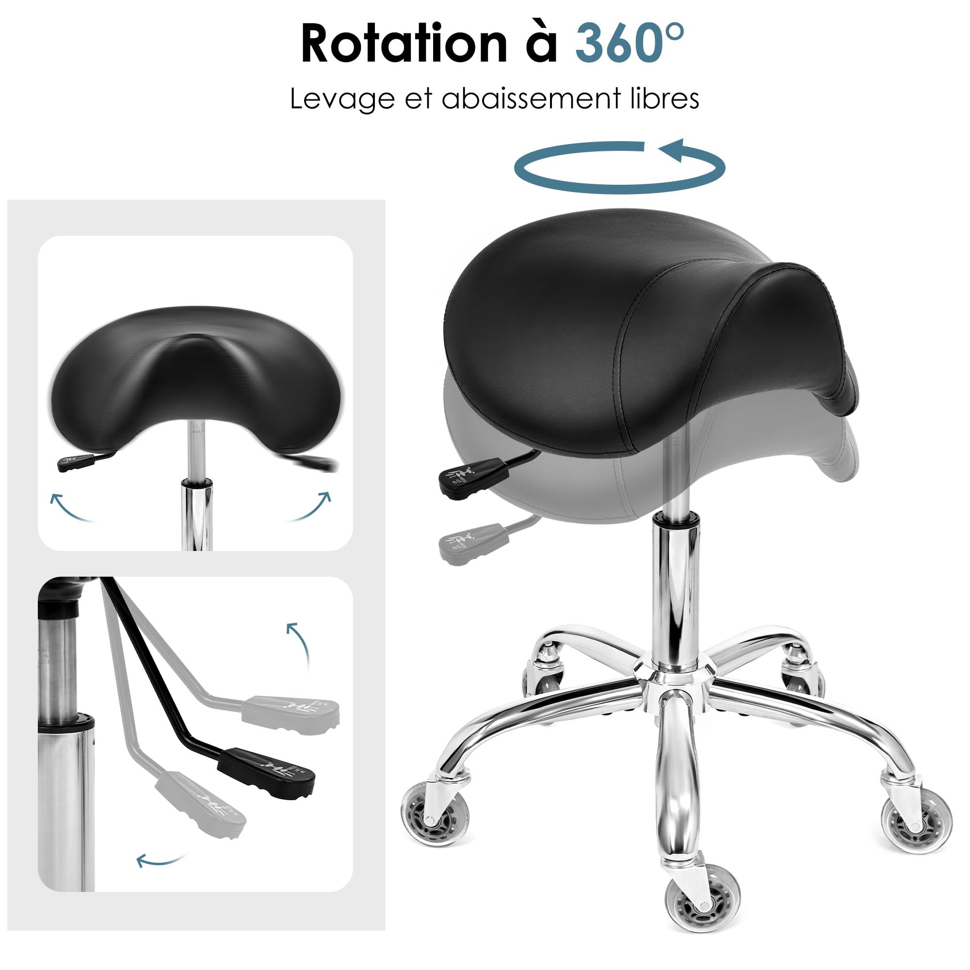 BEWISHOME Tabouret à roulettes pivotant et réglable en Cuir synthétique résistant avec Large Coussin d'assise Ergonomique pour Laboratoire,Bureau,Salons,cliniques (Noir)