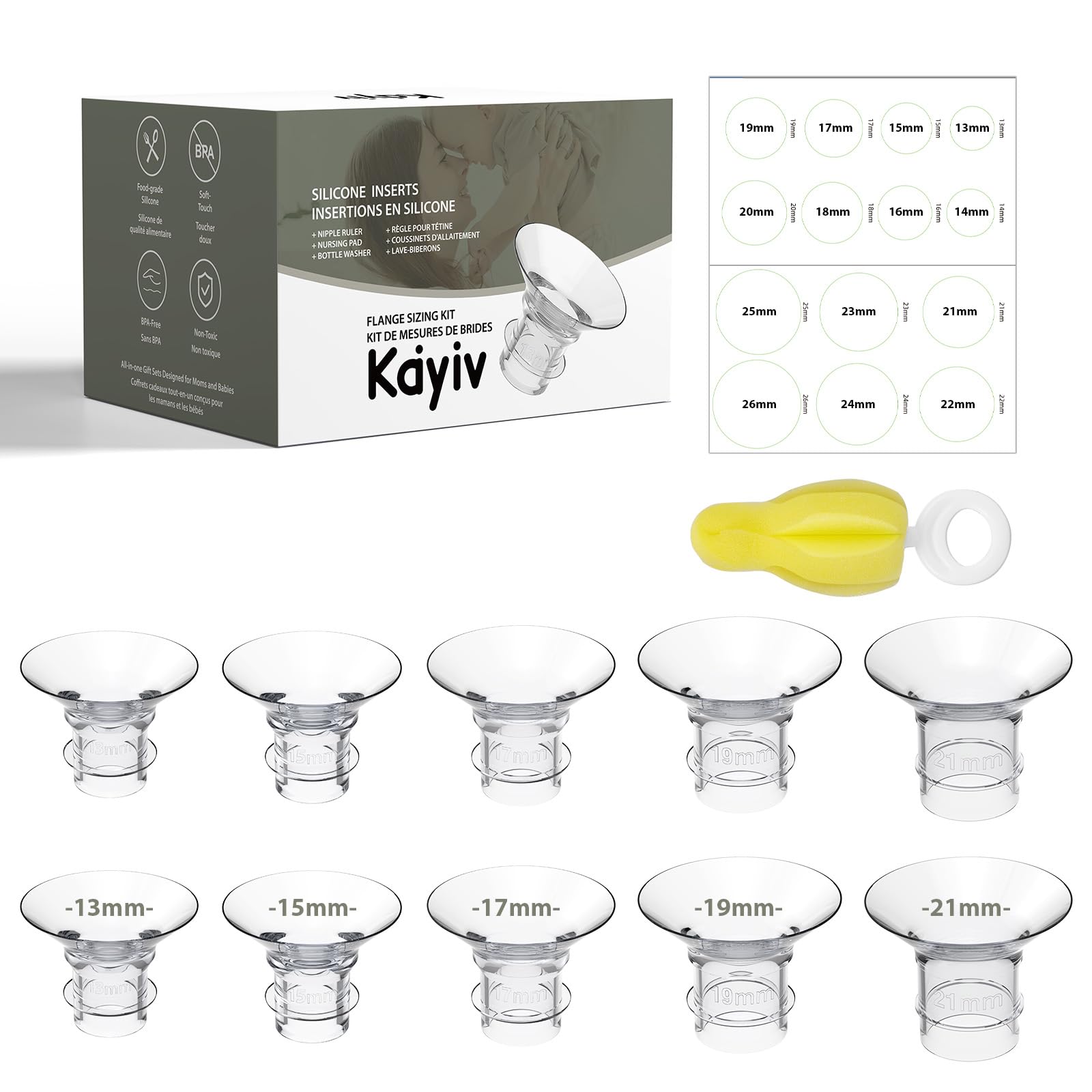 10PCS Flange Sizing Kit 13/15/17/19/21mm for Momcozy M5/M6/M9/S9 Pro/S12 Pro/V1 Pro/Medela/Spectra/Lansinoh/Elvie/Eufy 24mm Flange/Shield, Silicone Flange Inserts Replacement Kit - 1