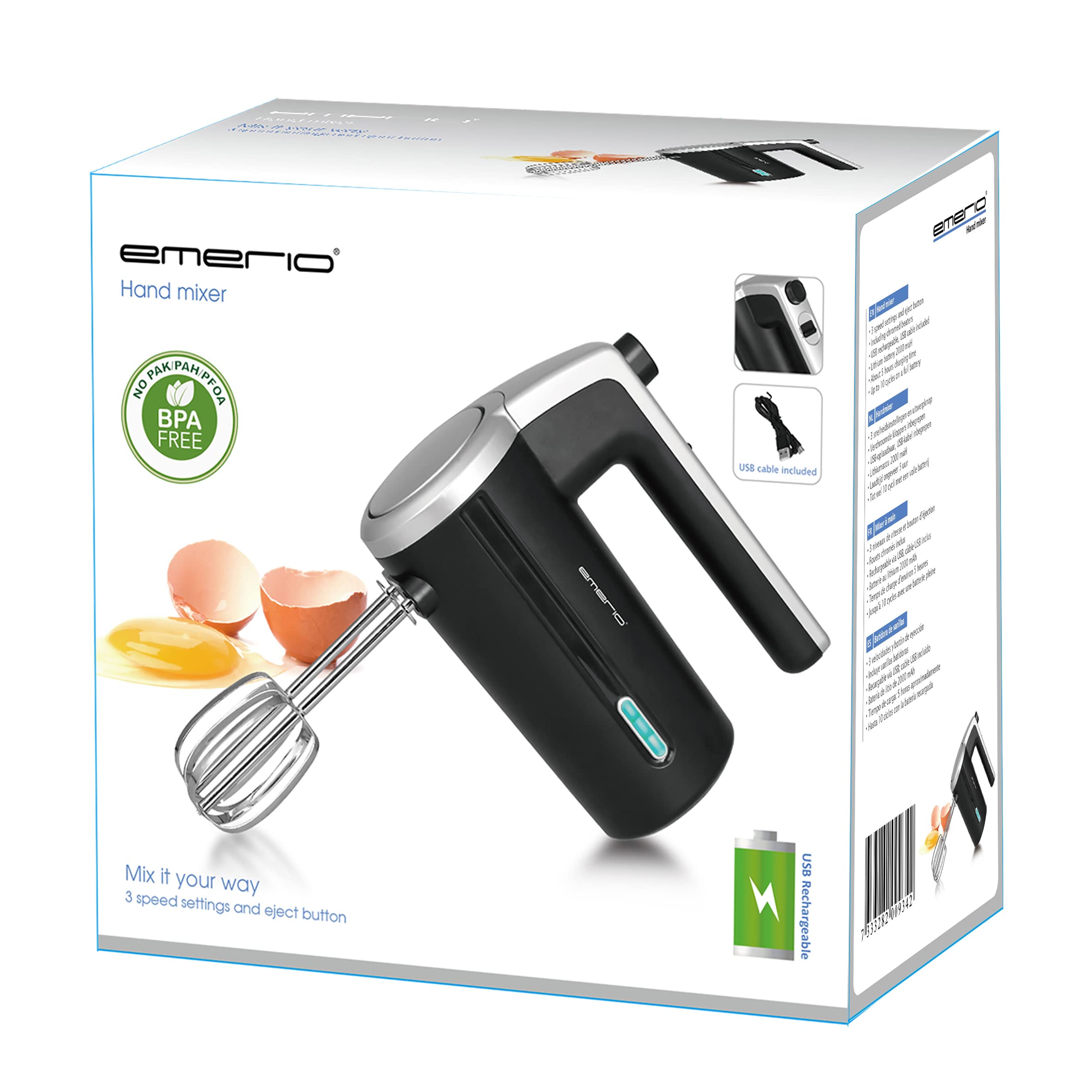 EMERIO HM-126681.1 bezprzewodowy mikser ręczny/mieszadło - 2 pręty mieszające - 3 prędkości - 2000 mAh / 7,4 V - bez BPA - wskaźnik poziomu naładowania baterii - kabel USB do ładowania - do 10 cykli